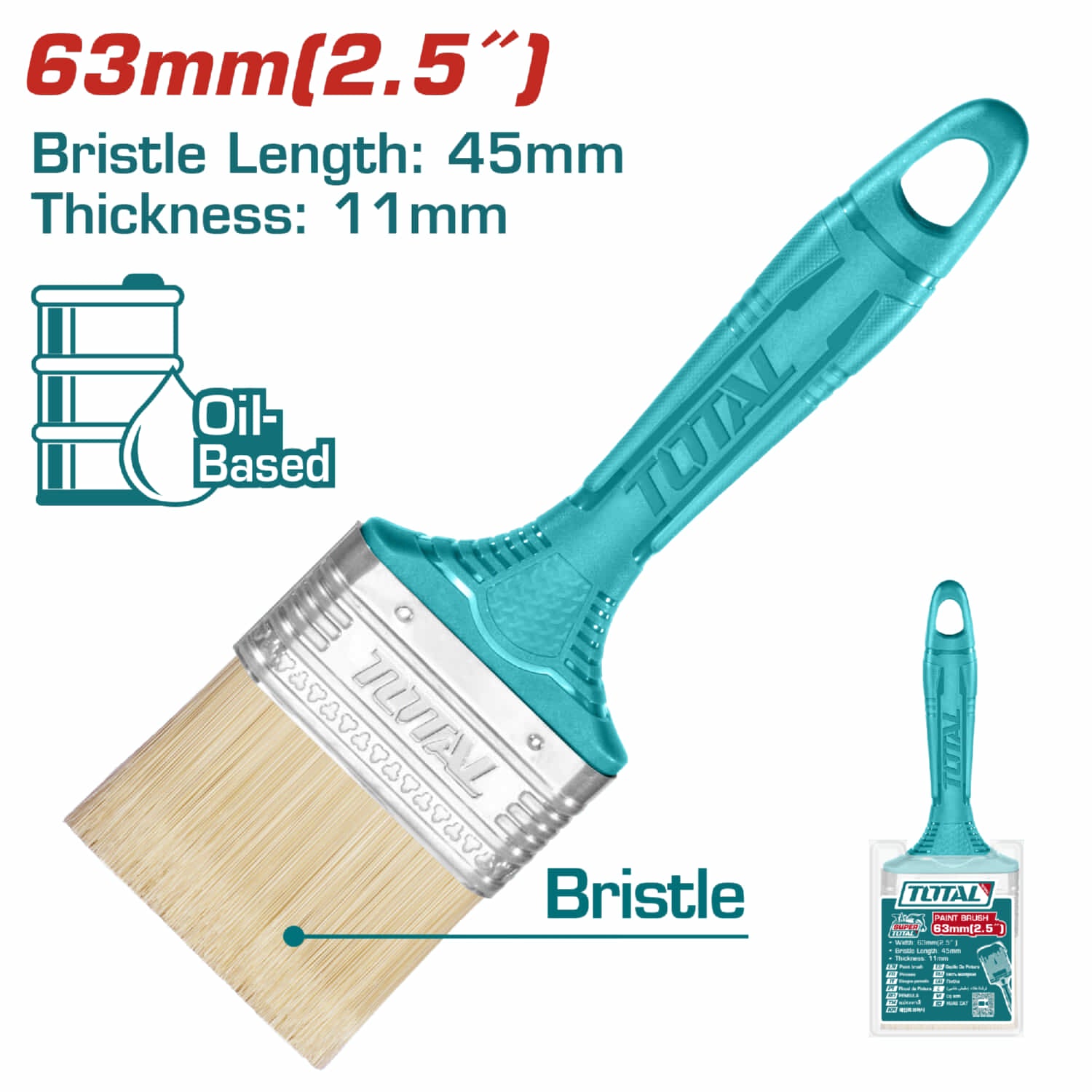 Brocha de 2.5" (63mm). Largo 40mm. Grueso de cerdas 10mm. Para pintura a base de aceite.