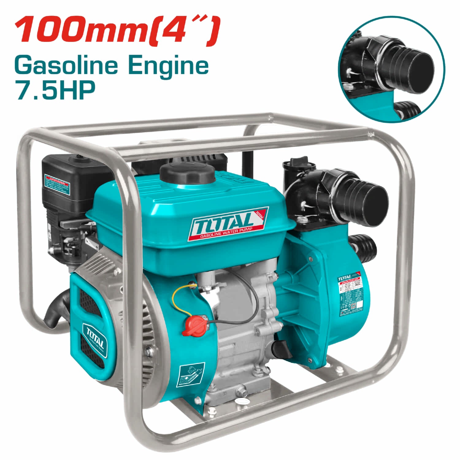 Bomba de Agua a Gasolina 7.5HP. Diámetro de Salida 100mm (4"). Flujo max. 1500 L/min (Lift 29m).