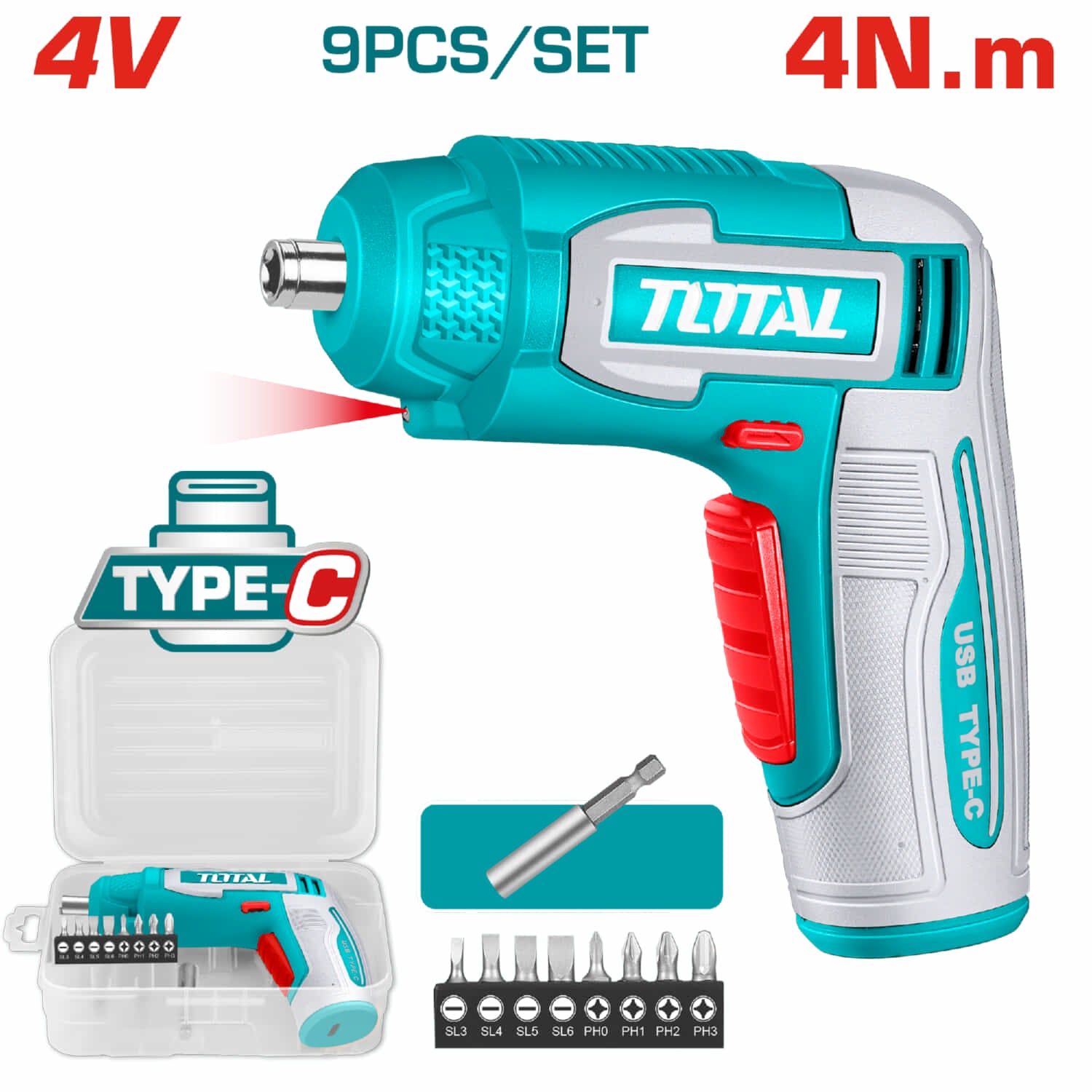 Destornillador inalámbrico 4V. Carga USB-C. Vástago hexagonal: 1/4”. Velocidad sin carga: 240rp. Torque máx: 4N.m.