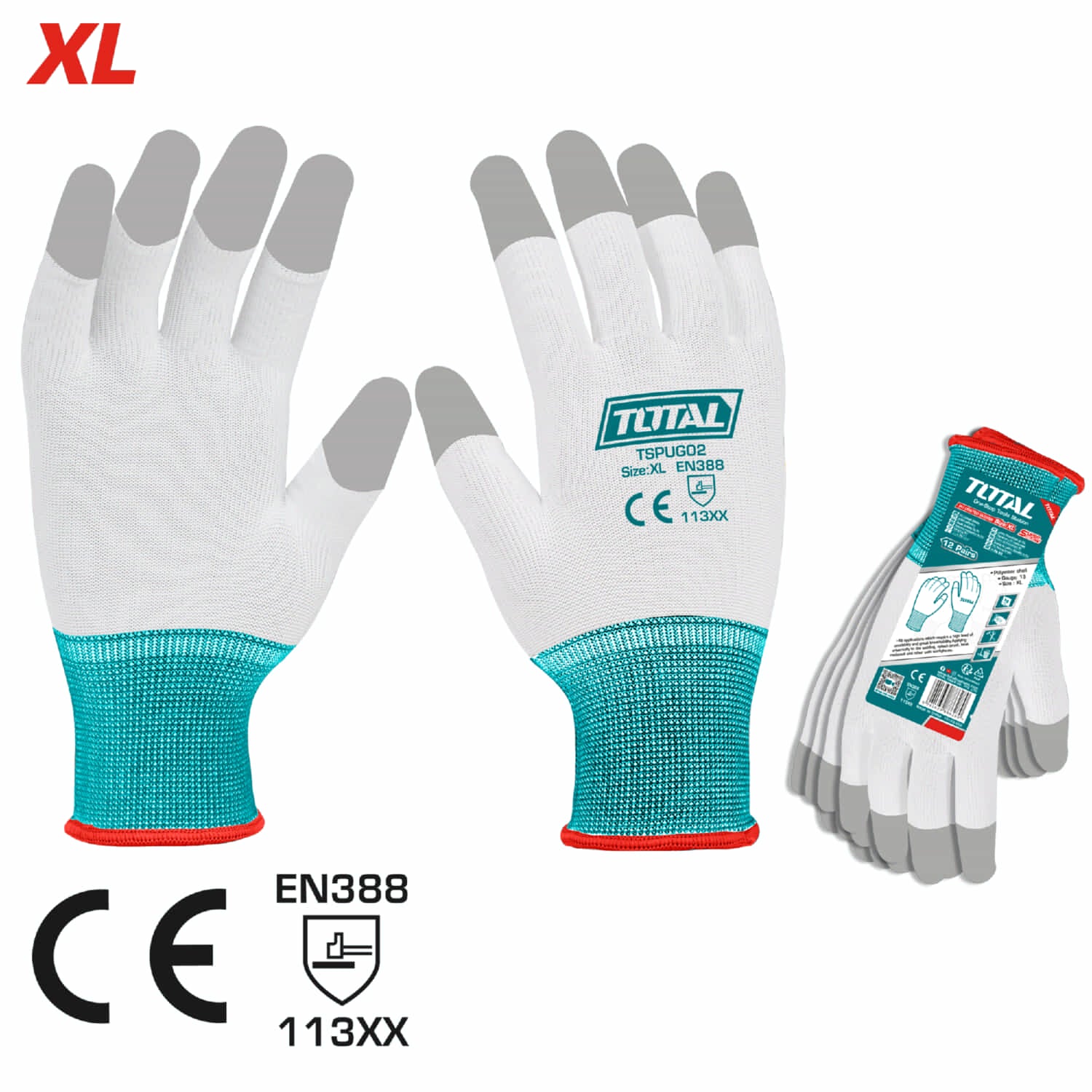 Guantes de Trabajo Antideslizantes (Talla XL) Recubiertos en PU. Calibre 13. (Pack de 12 pares)