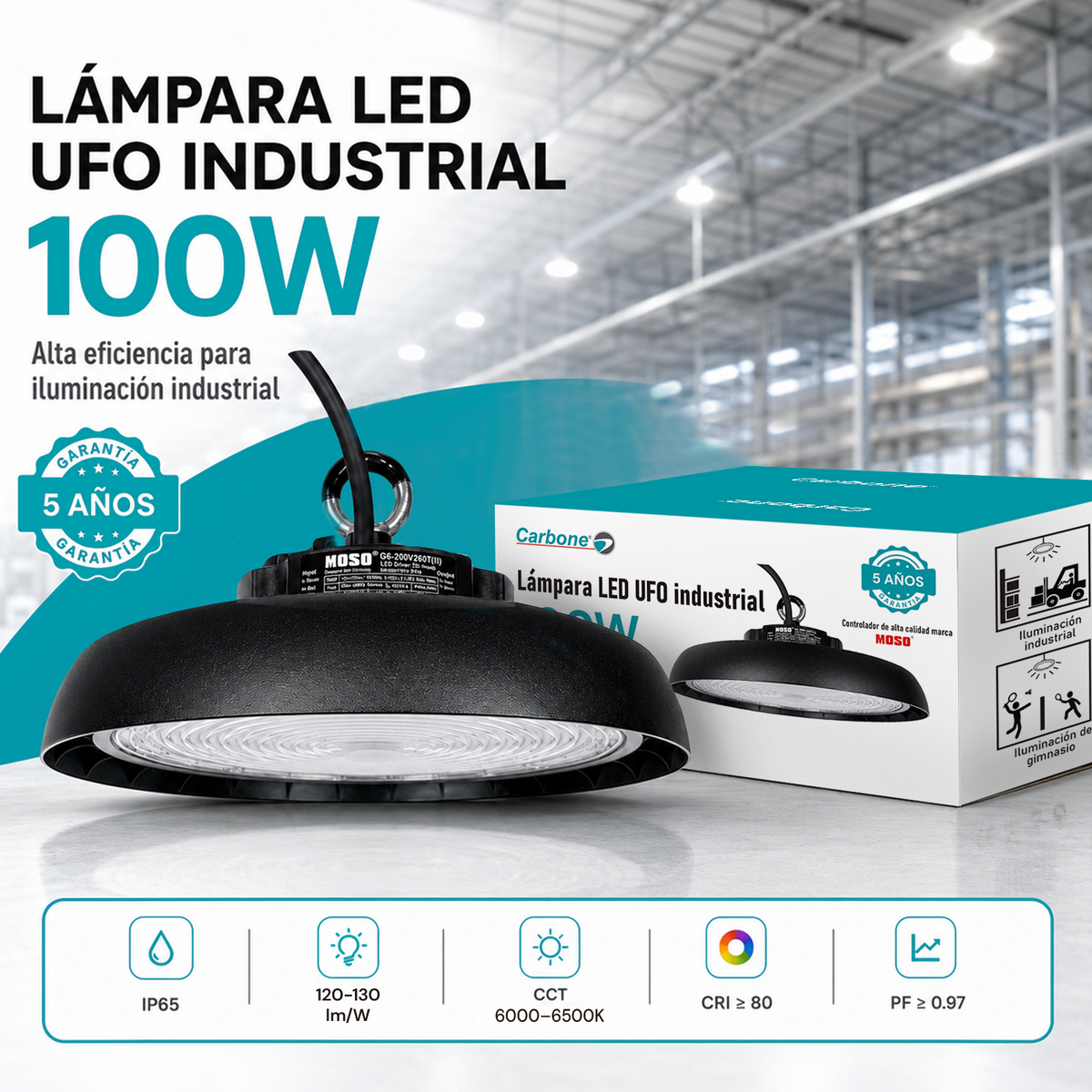 Lámpara LED UFO Industrial 100W High Bay IP65 6500K. Iluminación Potente. Ideal Para Bodegas Galeras Talleres Y Comercios (250x143mm).