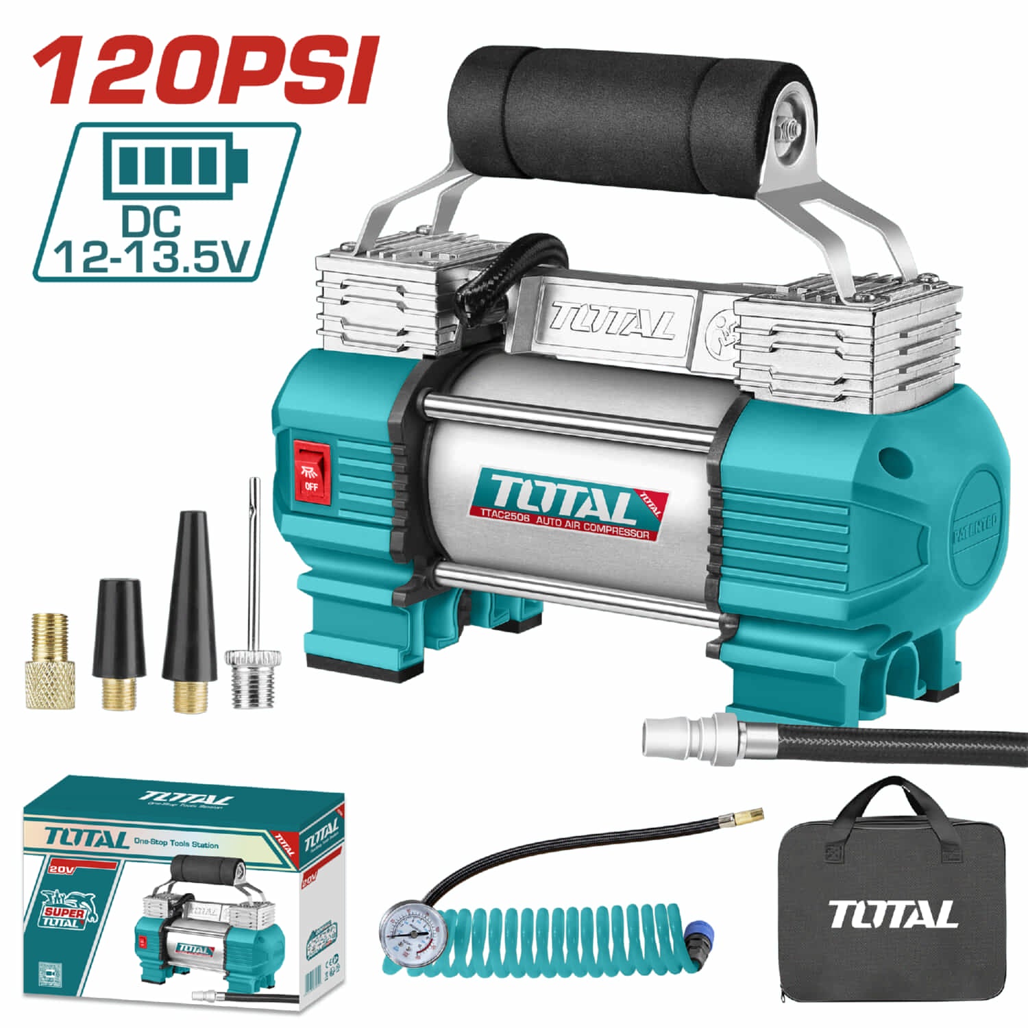 Compresor de Aire Automático. DC 12V. Corriente 18A. Presión máxima 120 PSI (8.27 Bar).