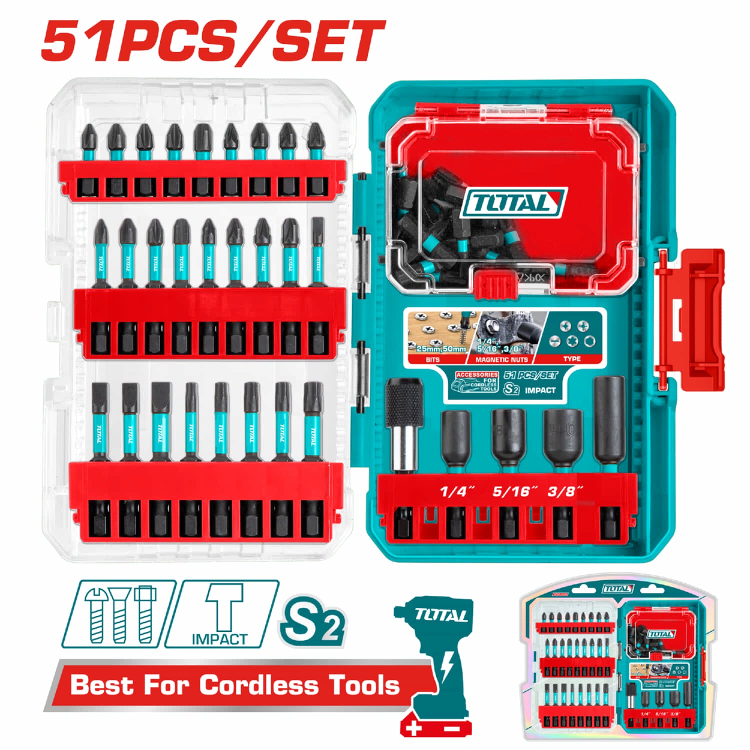 Puntas de destornillador de impacto. Set de 51 piezas para Taladro. Ideal para Herramientas Inalámbricas.