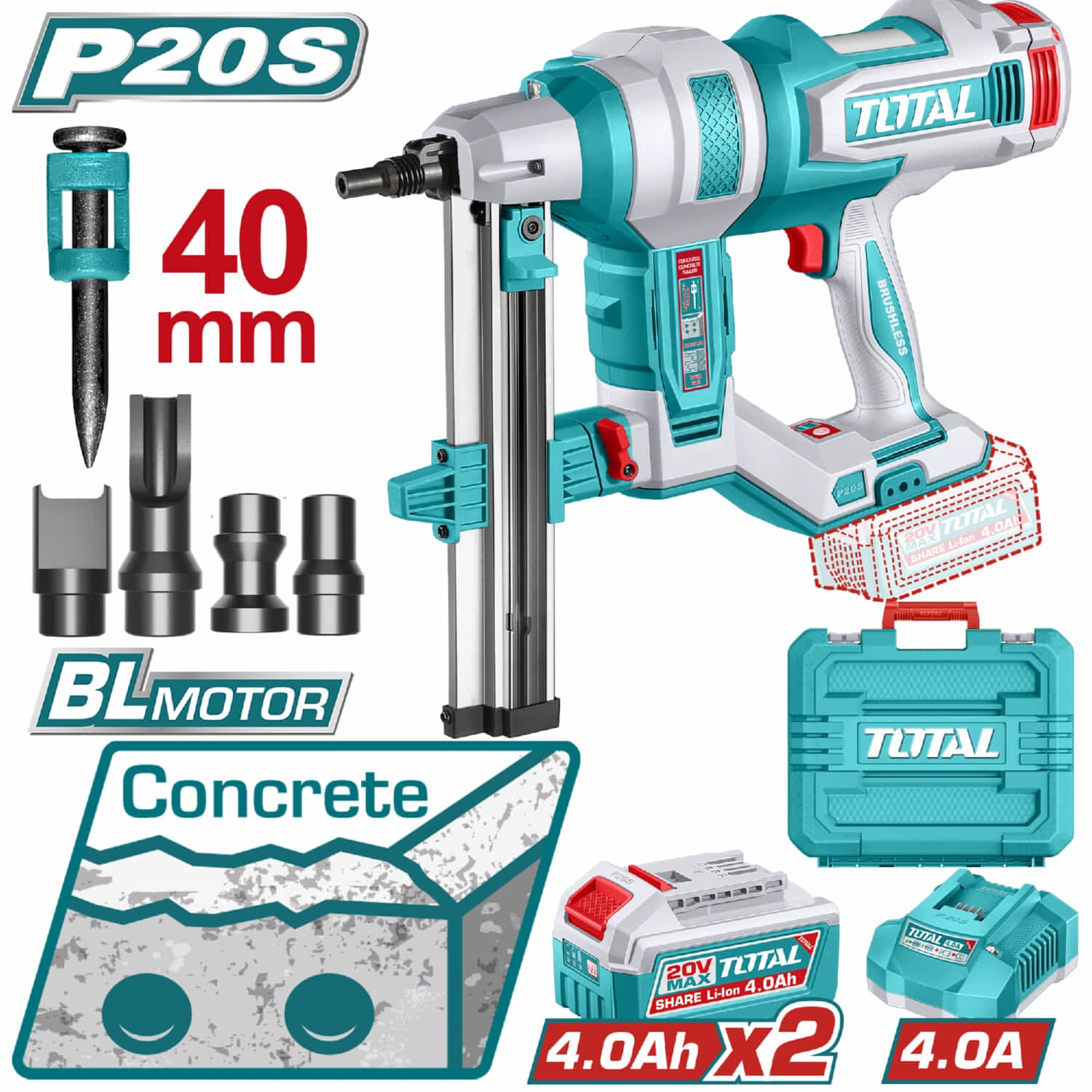 Clavadora de Concreto Inalámbrica 20V Motor sin escobillas Clavos 19 - 40 mm. Incluye accesorios, batería y cargador.