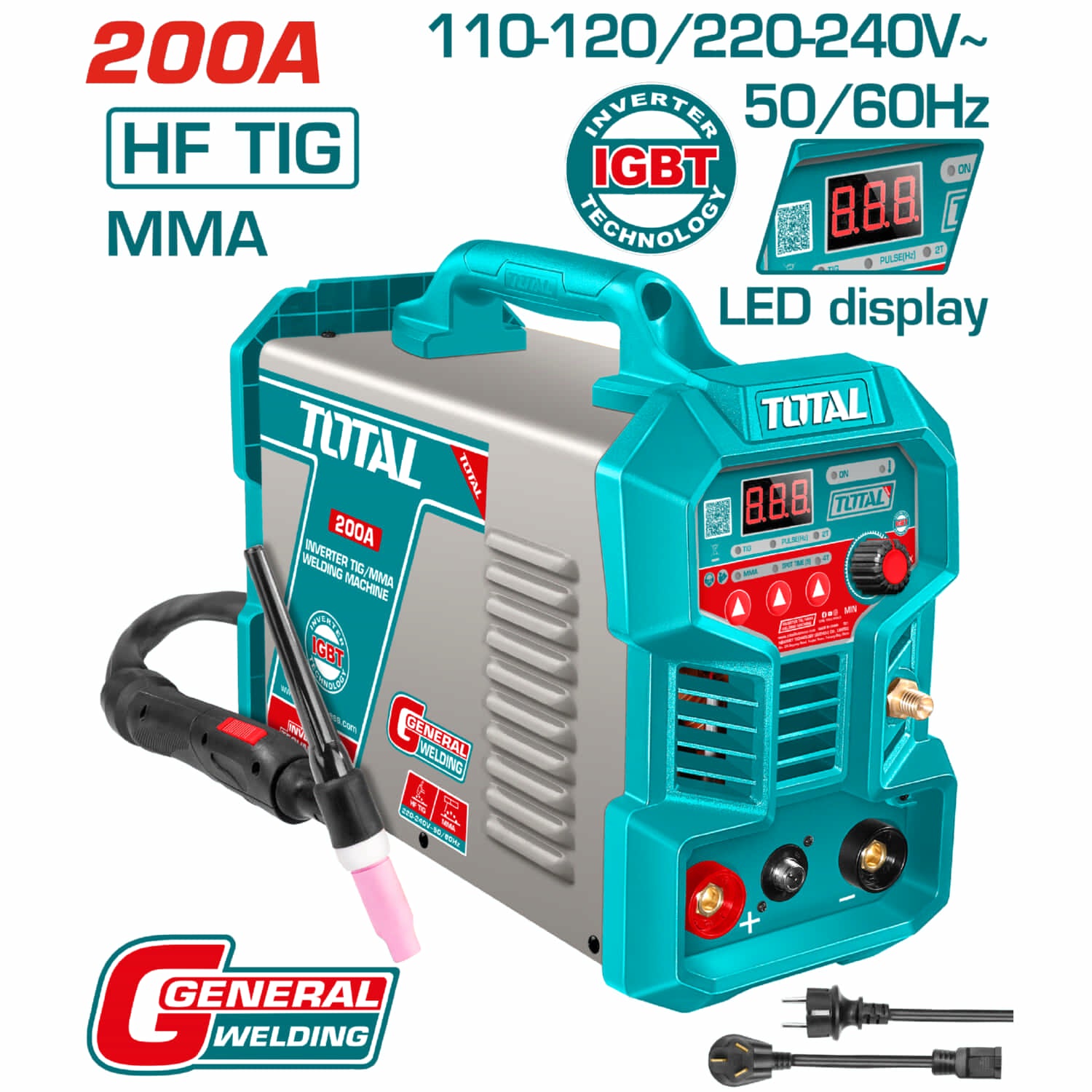 Máquina de Soldar Inverter TIG MMA 40% ciclo de trabajo. 200A. 110-120V-220. Pantalla LED.