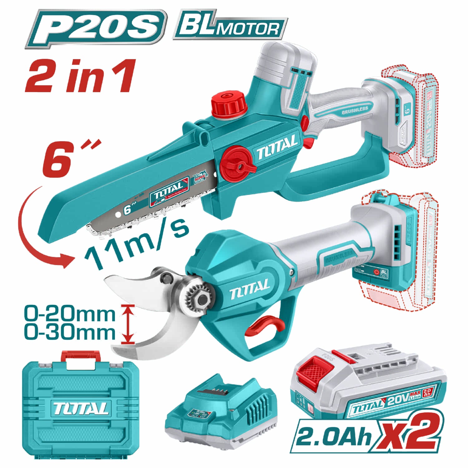Combo Total Inalámbrico 20V Sierra Podadora Motor sin escobillas 6” 11m/s y Tijera de Poda 20mm/30mm Incluye accesorios y batería con cargador. POCAS UNIDADES