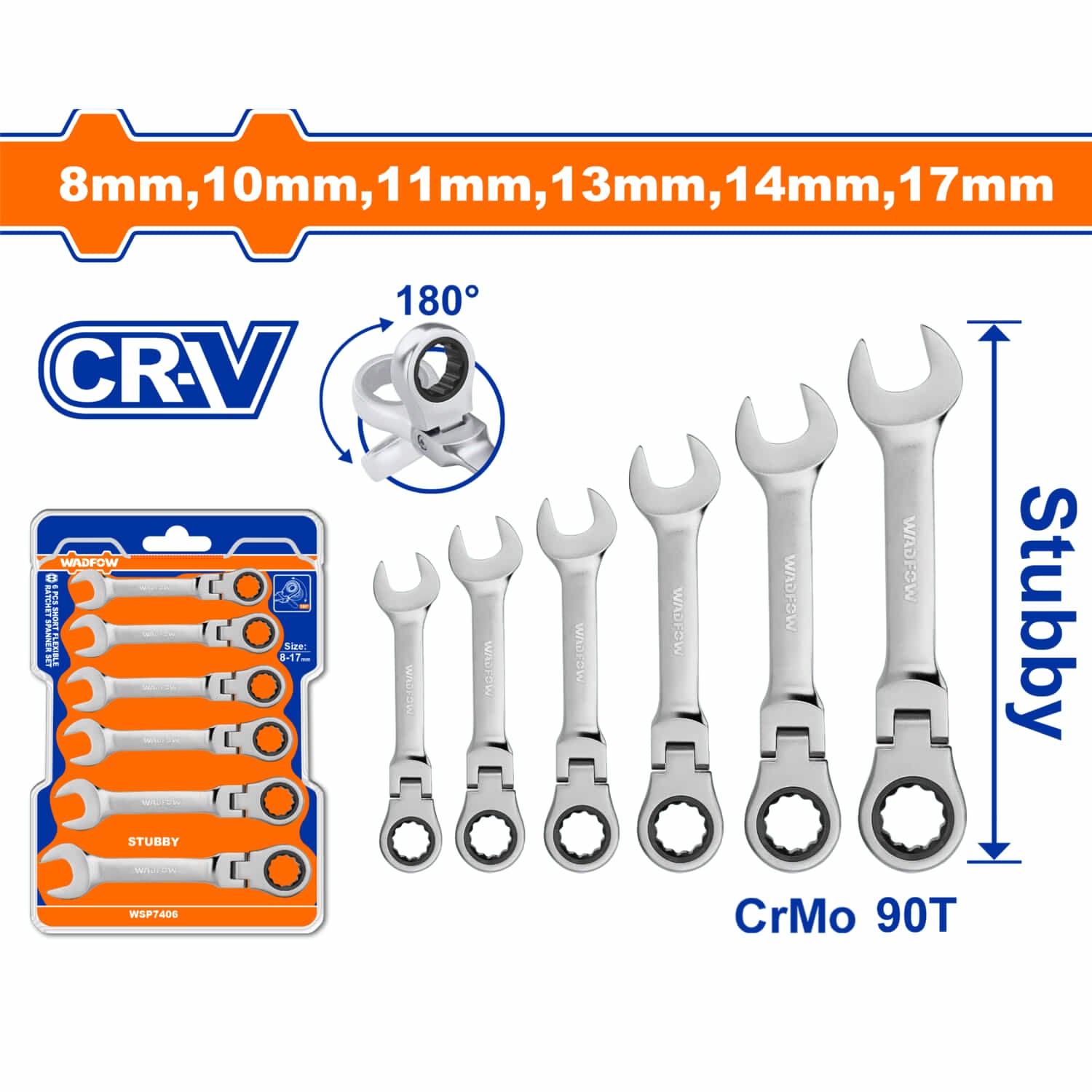 Llaves Combinadas Ratchet Cr-V Tamaño: 8mm-17Mm. Cr-Mo 90T Set De 6 Piezas.