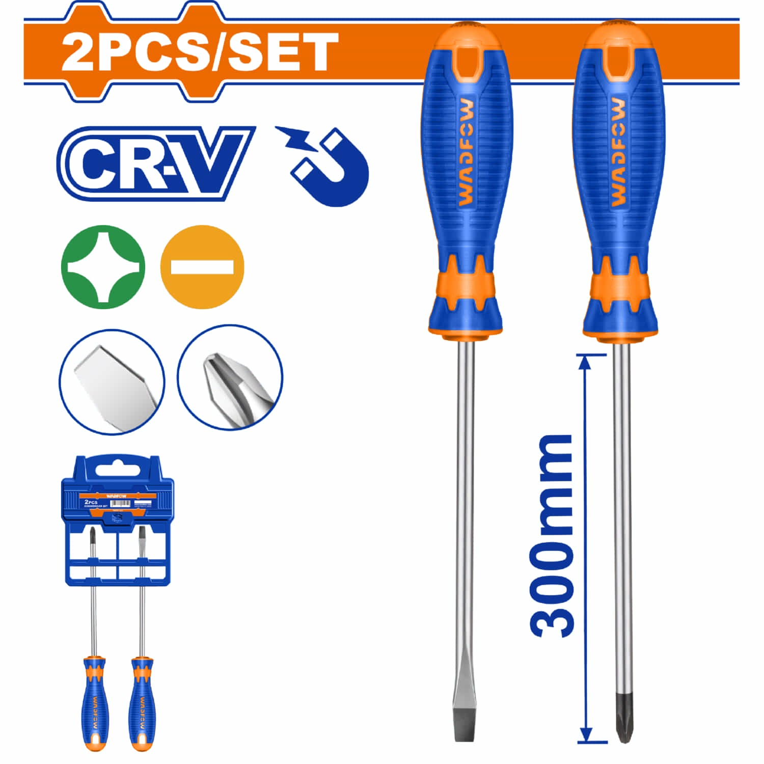 Destornilladores Punta plana SL6.5x300mm y Phillips PH2x300m Vástago redondo Magnéticos Cr-V Set 2 pzas.