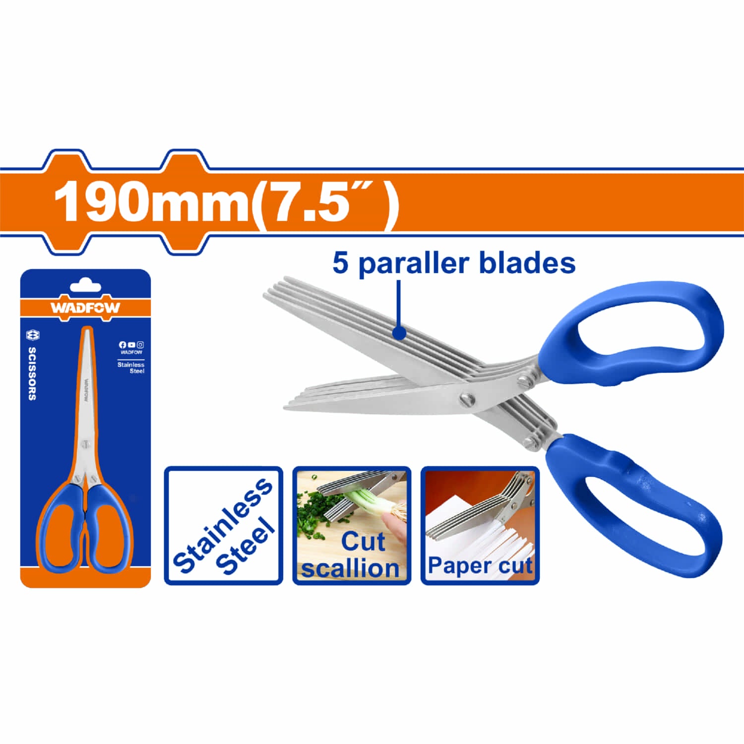 Tijera de cocina 190mm (7.5") con 5 cuchillas acero inoxidable 1.1mm Ideal para cortar cebollina, perejil y papel.