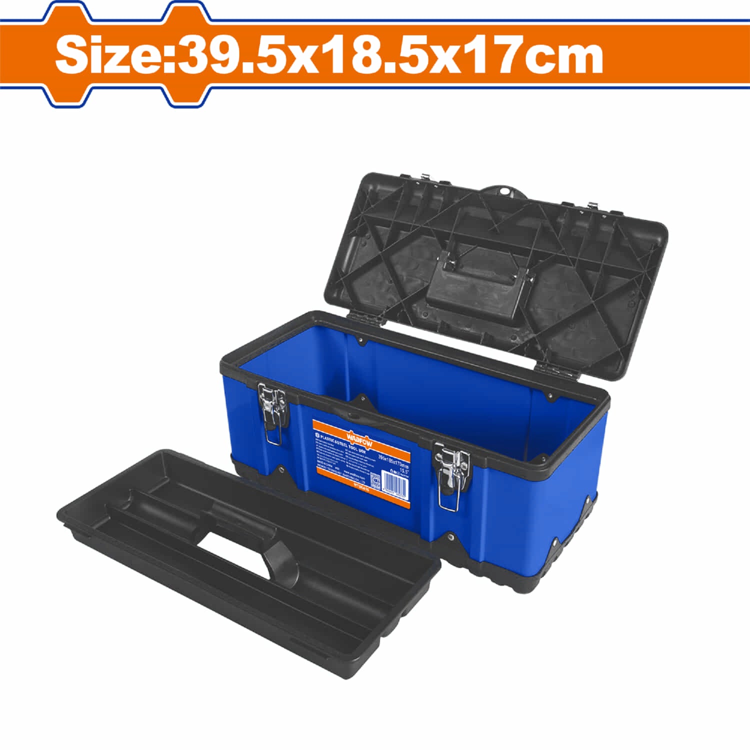 Caja de herramientas de plástico y acero 15.5" Tamaño: 39.5 x 18.5 x 17.0 cm Carga máxima: 10kg Incluye bandeja interior.