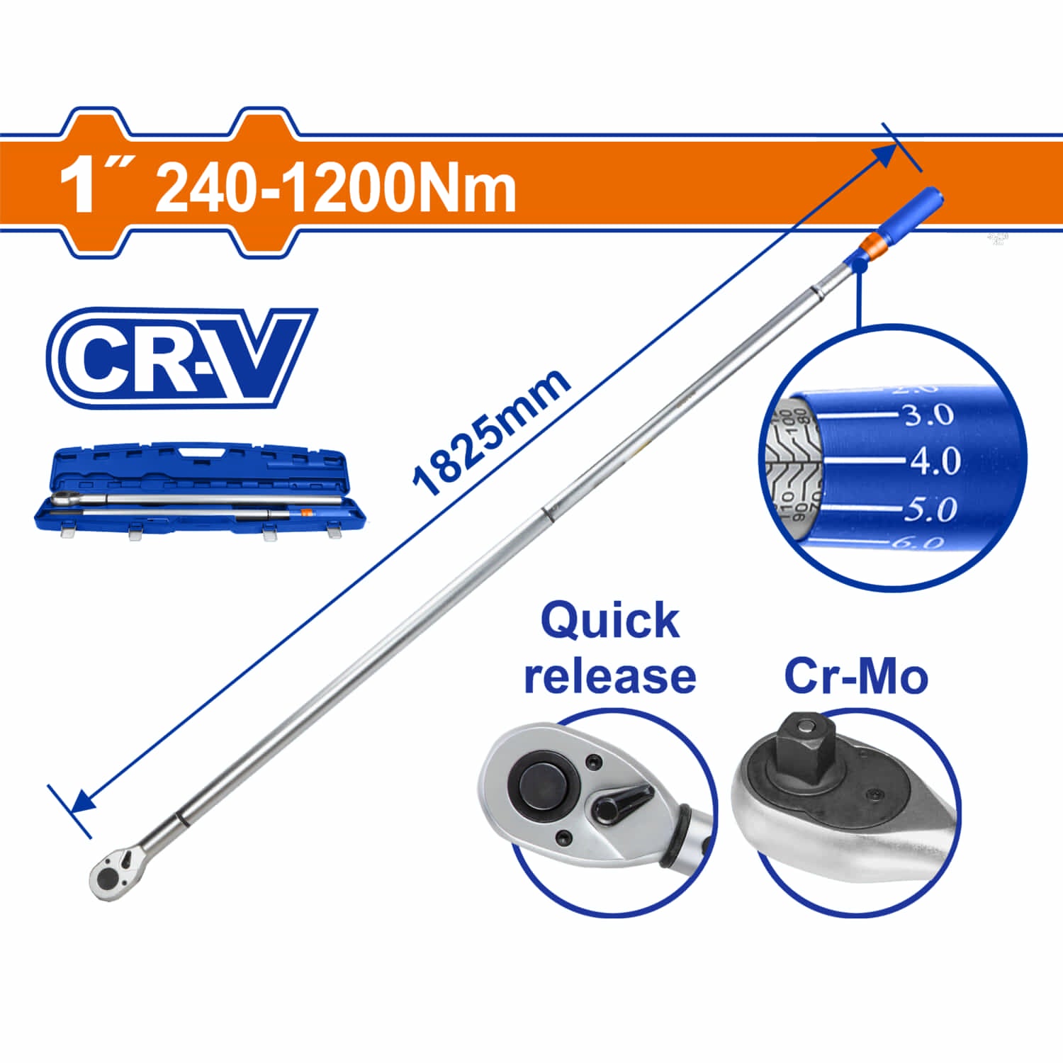 Torquimetro Extensible 1" 240-1200N.m Cr-V Cr-Mo Cromado con Liberacion Rapida Longitud 1825mm ±4%