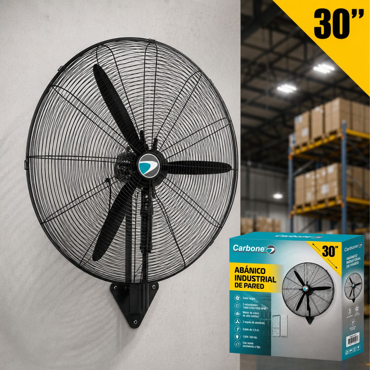 Abanico industrial 30" 180w de pared. Color negro. 3 velocidades 1400/1250/1050 R
