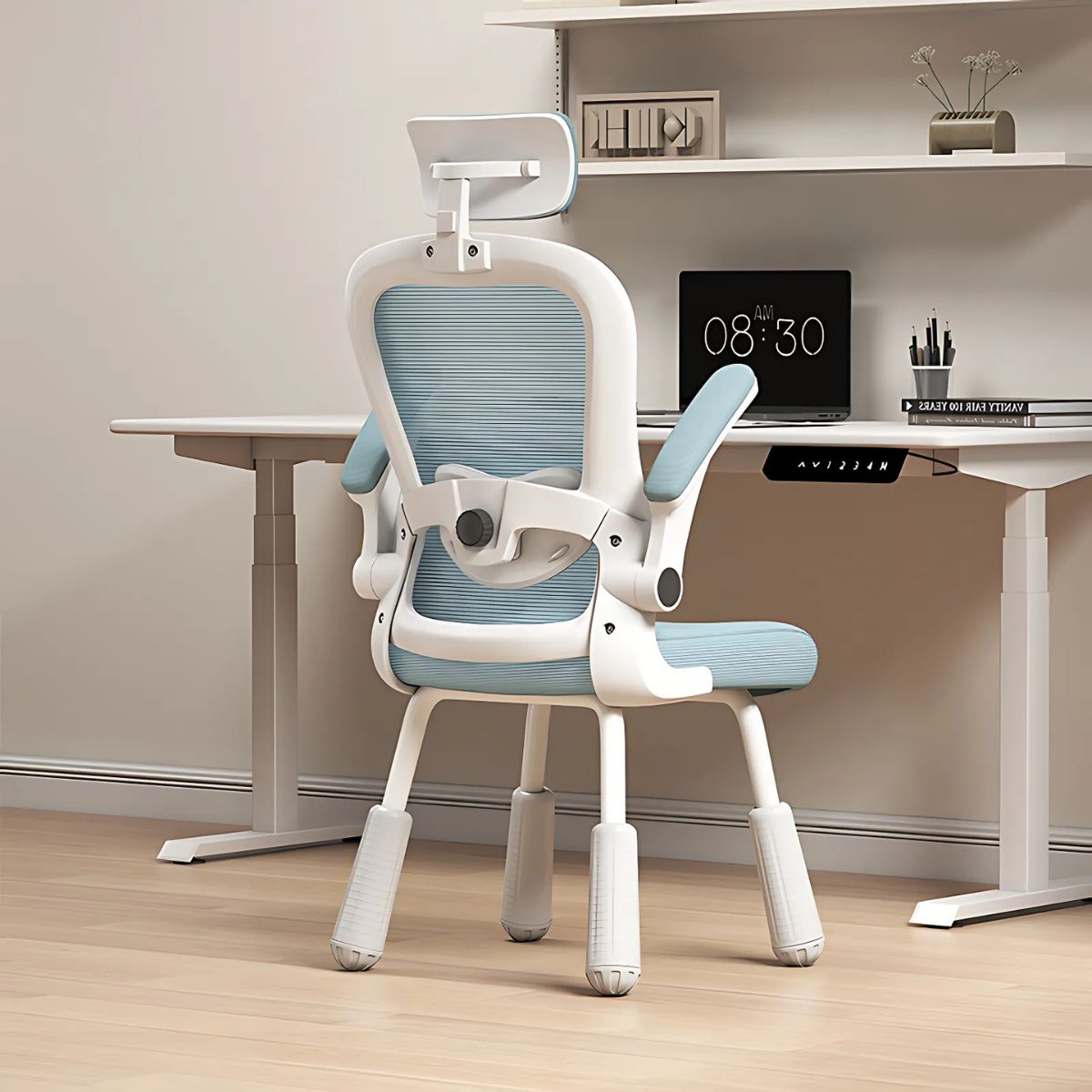 Silla de escritorio de 4 patas, Asiento reclinable ergonómico, cómoda silla de computadora, color blanco y azul para escritorio