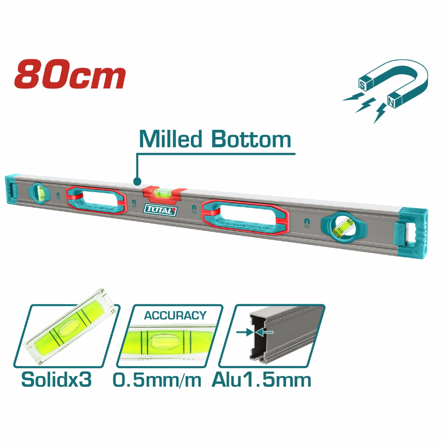 Nivel de Burbuja en forma de V para Objetos Cilindricos 80 cm. Espesor del Aluminio 1.5 mm.