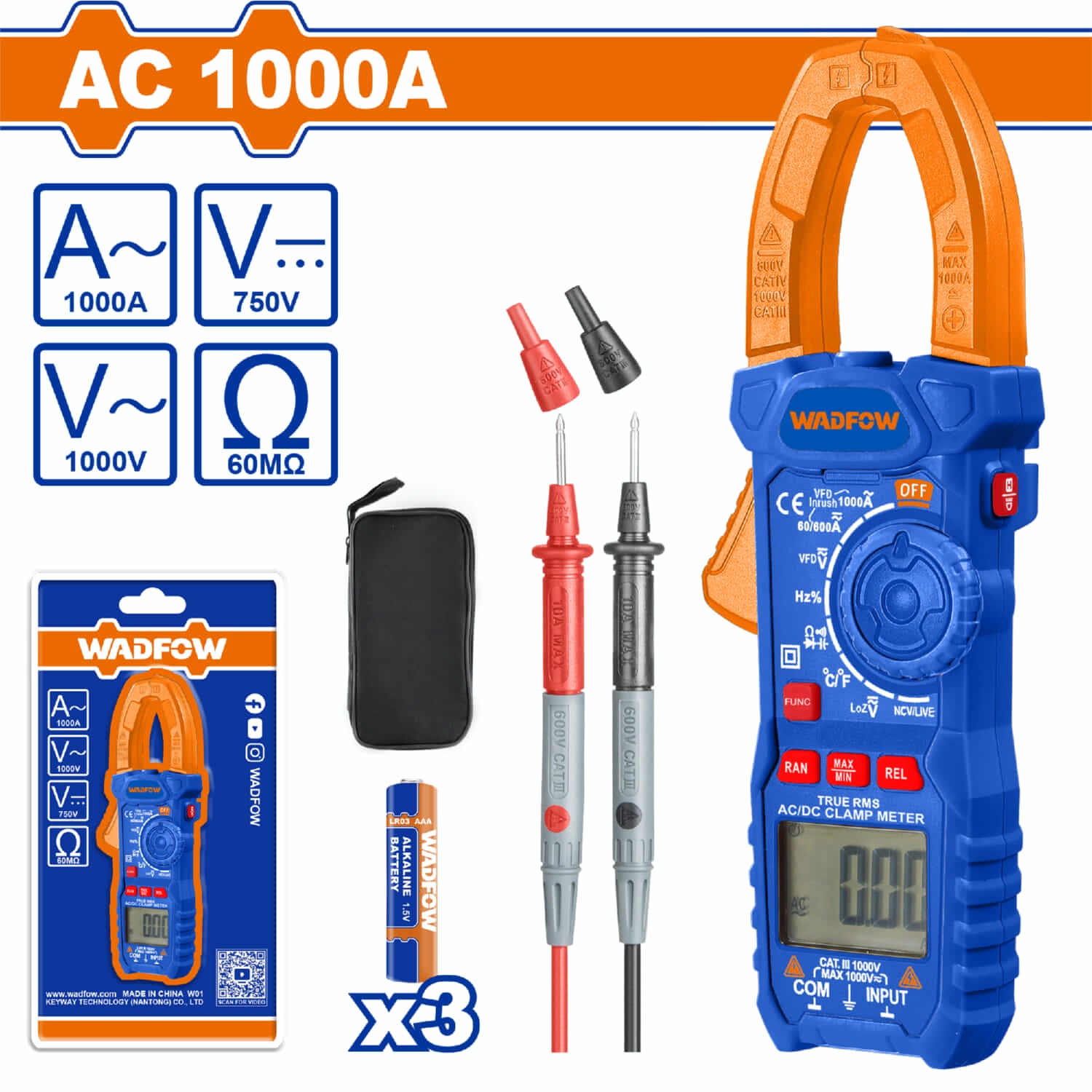 Medidor de abrazadera. Pinza amperimétrica AC 1000A 6000 Dígitos. Baterías 3 AAA. Medidor de Voltaje.