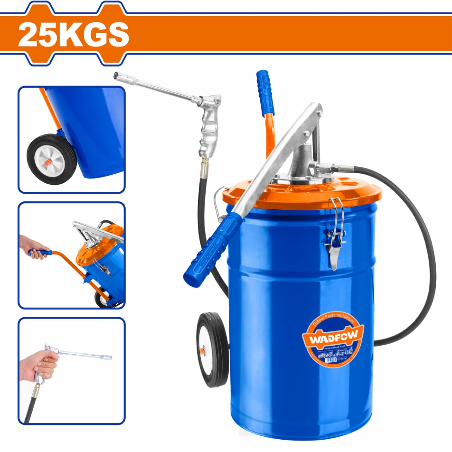 Lubricador Engrasador Manual 25 Kg con Barril de Acero 3000 psi Manguera 1.5m