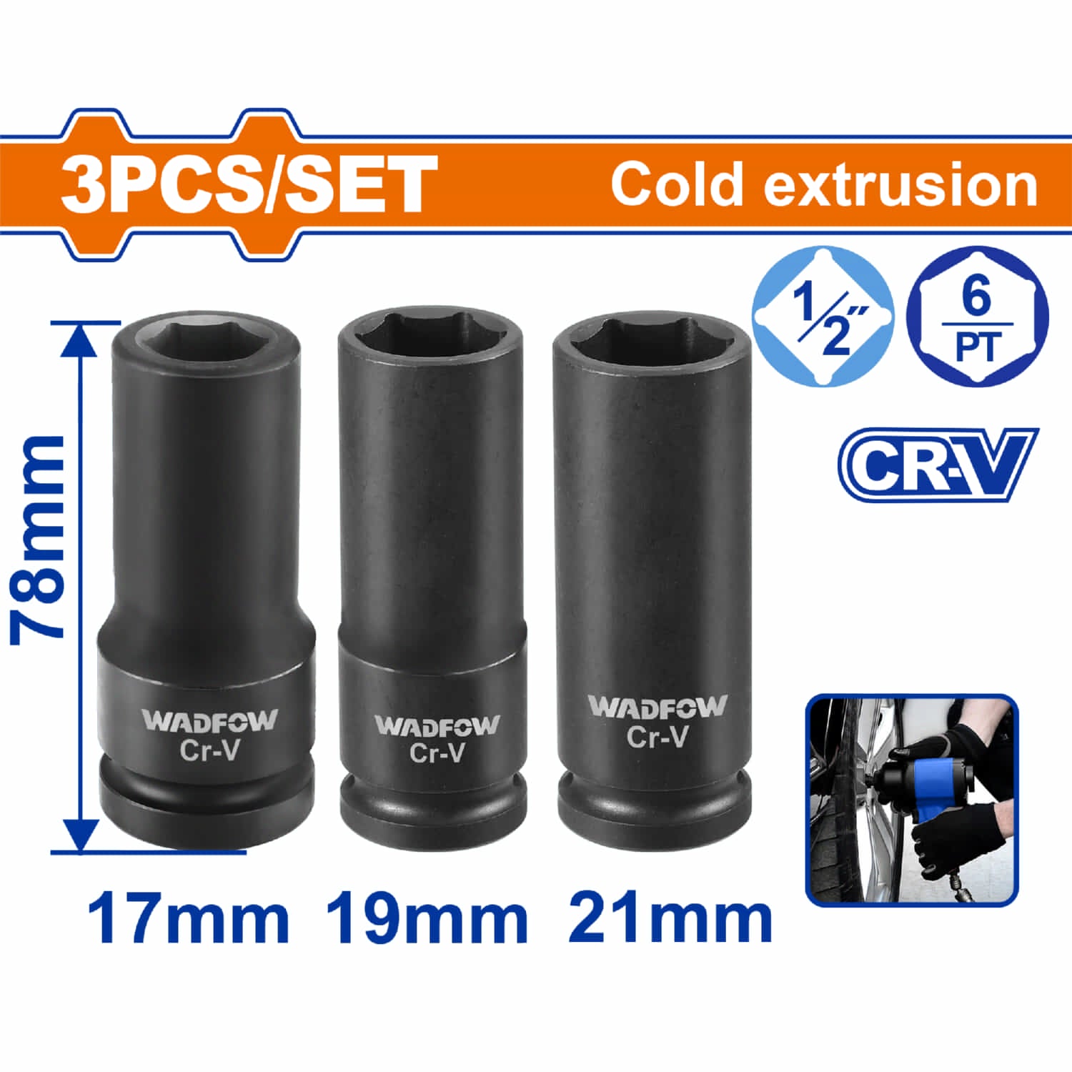 Dados Socket de Impacto 1/2" 17-19-21mm Largo 78mm Acero 50BV30 Cr-V Set 3 pzas.