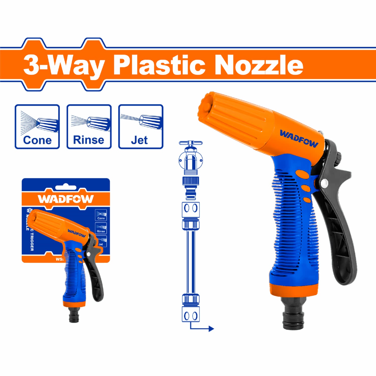 Pistola Boquilla de agua de plástico para manguera ajustable 3 vías. Agarre suave y cómodo. Gatillo de plástico.
