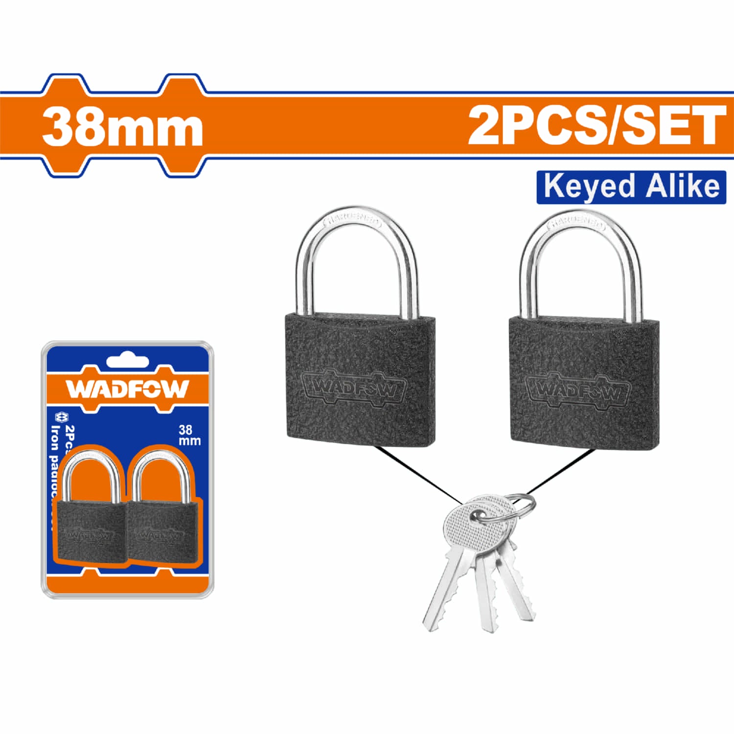 Candados de hierro de 38mm con juego de llaves. Incluye 2 candados y un juego de 2 llaves único.