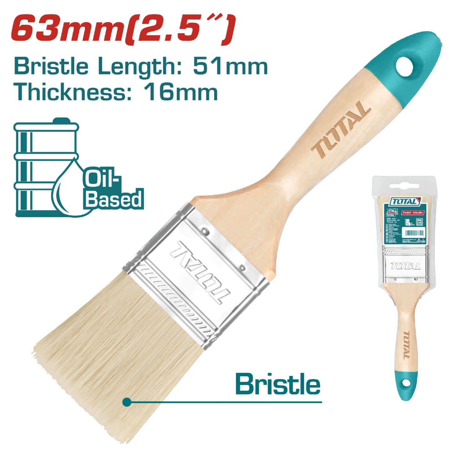 Brocha de 2 1/2" (63 mm) . Largo 51 mm grueso del pelo 15.5 mm . Mango de madera