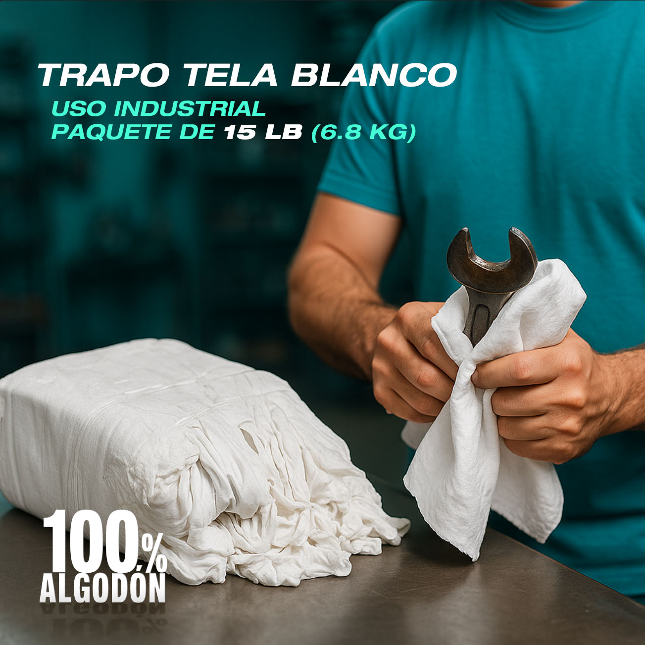 Trapo tela Blanco uso industrial. 100% Algodón. Paquete de 15lb. franela