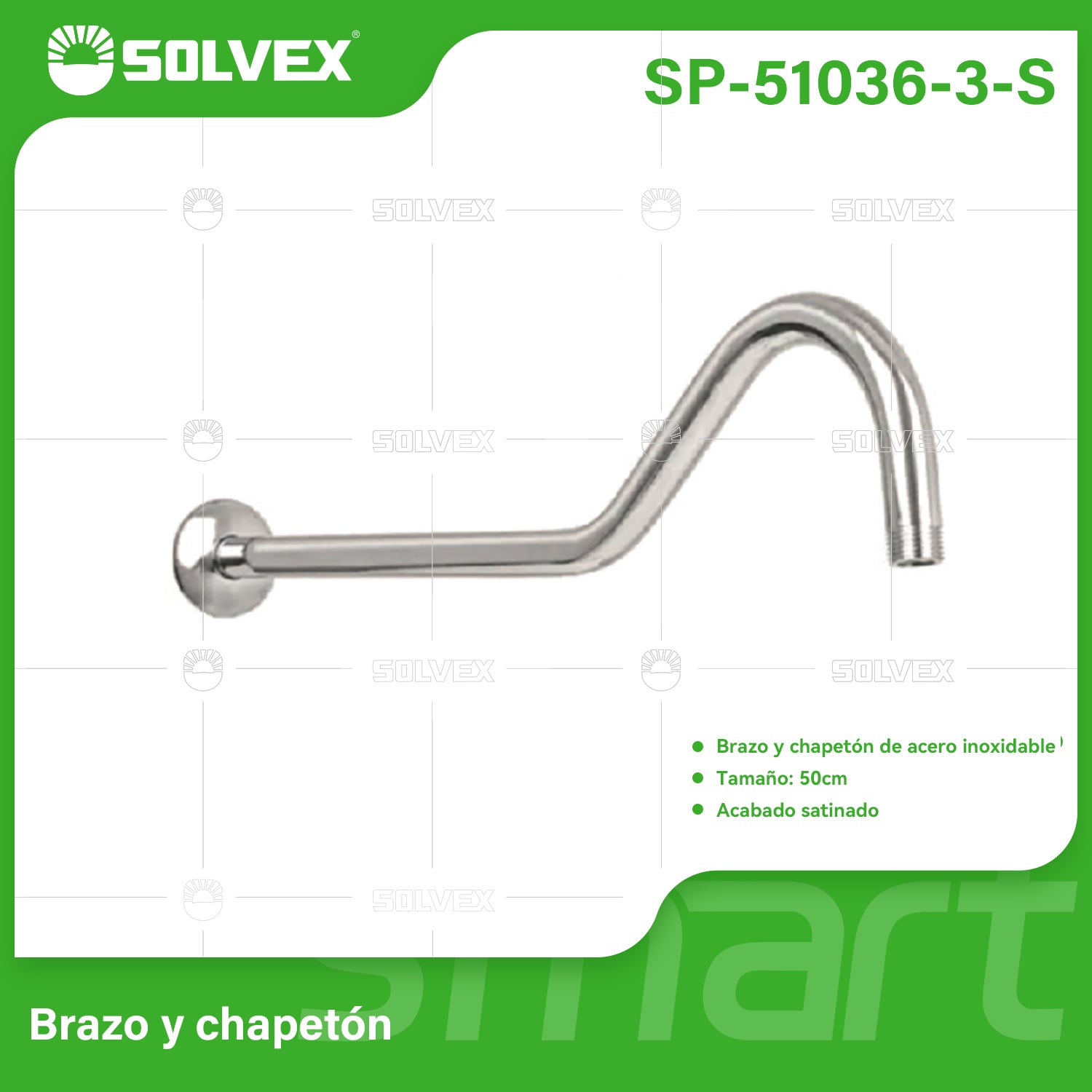 Brazo de Ducha curvo 50 cm. Tubo de Acero Inoxidable con Chapetón para regadera. Acabado satinado.