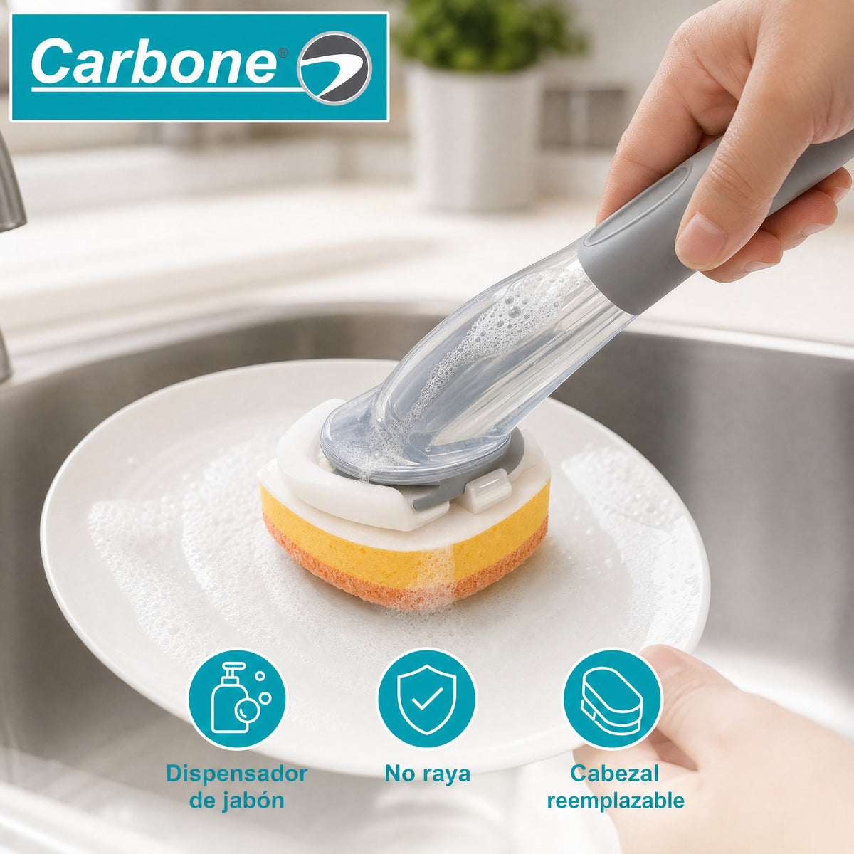 Cepillo con Dispensador de Jabón y Cabezal de Esponja Reemplazable. Limpiador para Platos, Ollas y Fregadores.