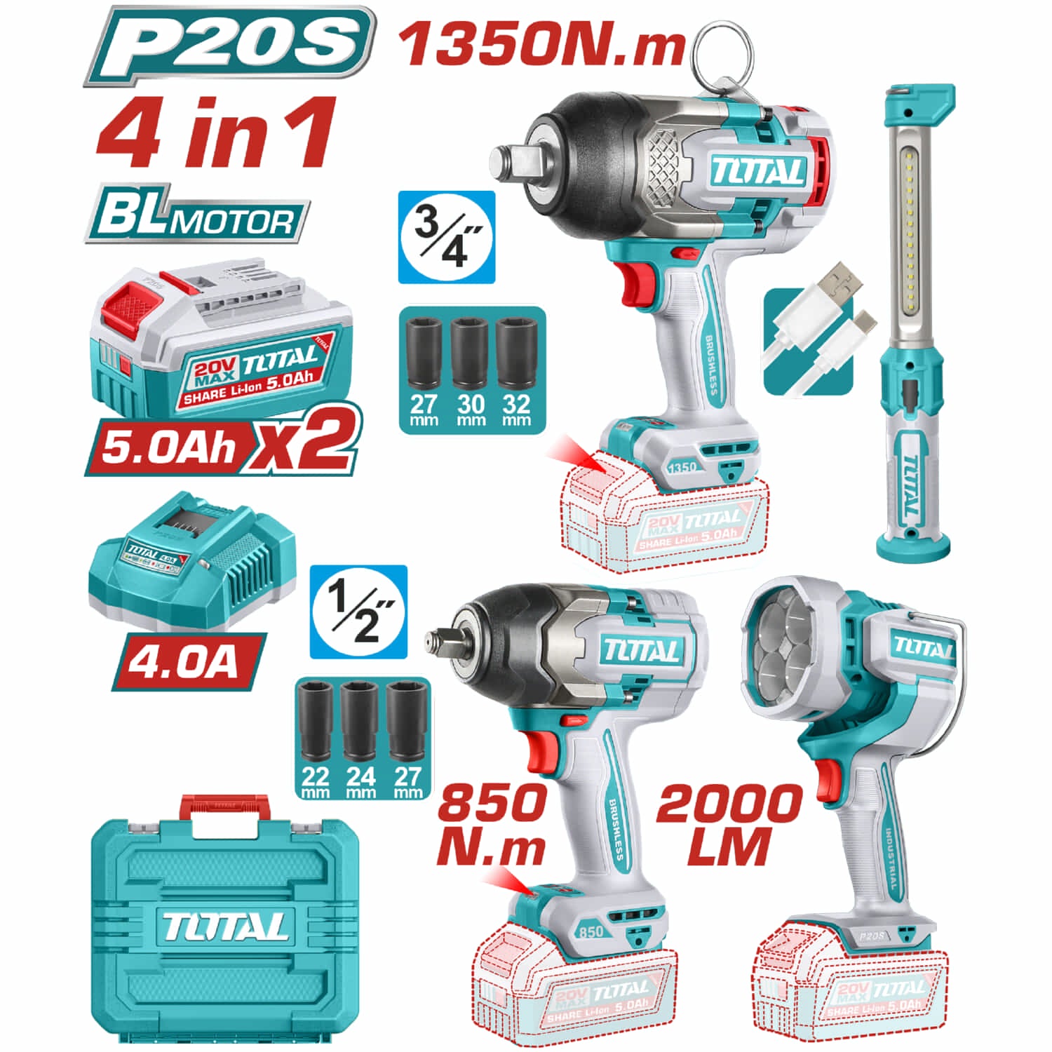 Combo del mes Total Inalámbrico 4 en 1 Llaves de Impacto 3/4″ Torque 1350Nm y de 1/2″ 850Nm Lámparas de trabajo 22,5 W y de 3,5 W Incluye cargador y baterías y accesorios. POCAS UNIDADES.