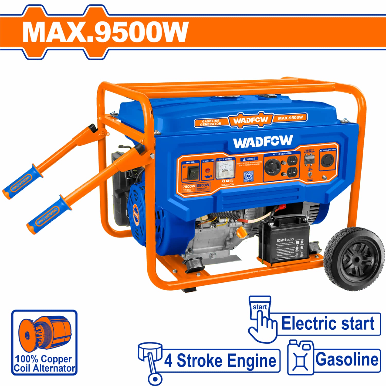 Generador a Gasolina 9500W 110-120V 25L Frec. Nom. 60Hz 3600rpm Motor 4 tiempos OHV Arranque Eléctrico. Planta