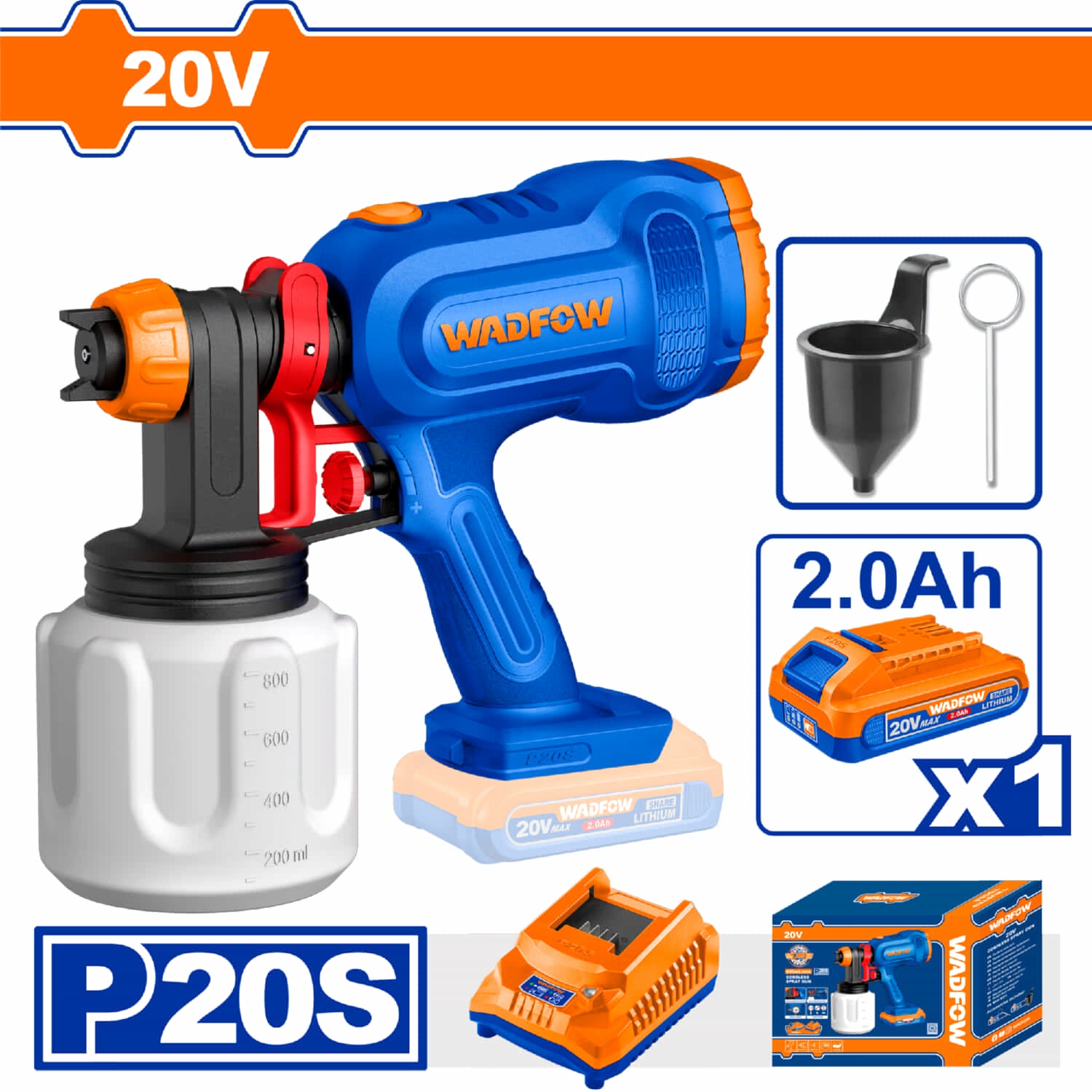 Pistola de pintar Inalámbrica 20V Presión 0.1-0.2Bar Flujo 650mL/min Viscosidad 100DIN-s Capac 800ml. Incluye Batería y cargador. Pulverizadora.