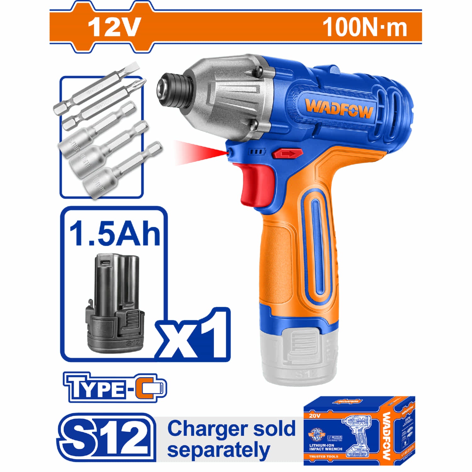 Llave impacto dado hexagonal 1/4" 12V Motor sin escobillas. 100Nm. Velocidad sin carga 0-2000rpm. Incluye Batería 1.5Ah USB-C y accesorios. Cargador por separado.