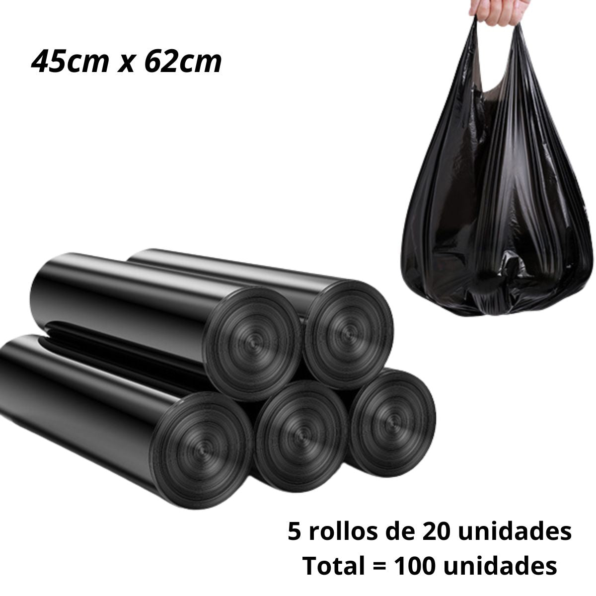 Bolsas de basura con asa. 10 galones (45cm x 62cm). Bolsa de residuo engrosada con agarradero. Pack de 5 rollos de 20 total 100 unidades.