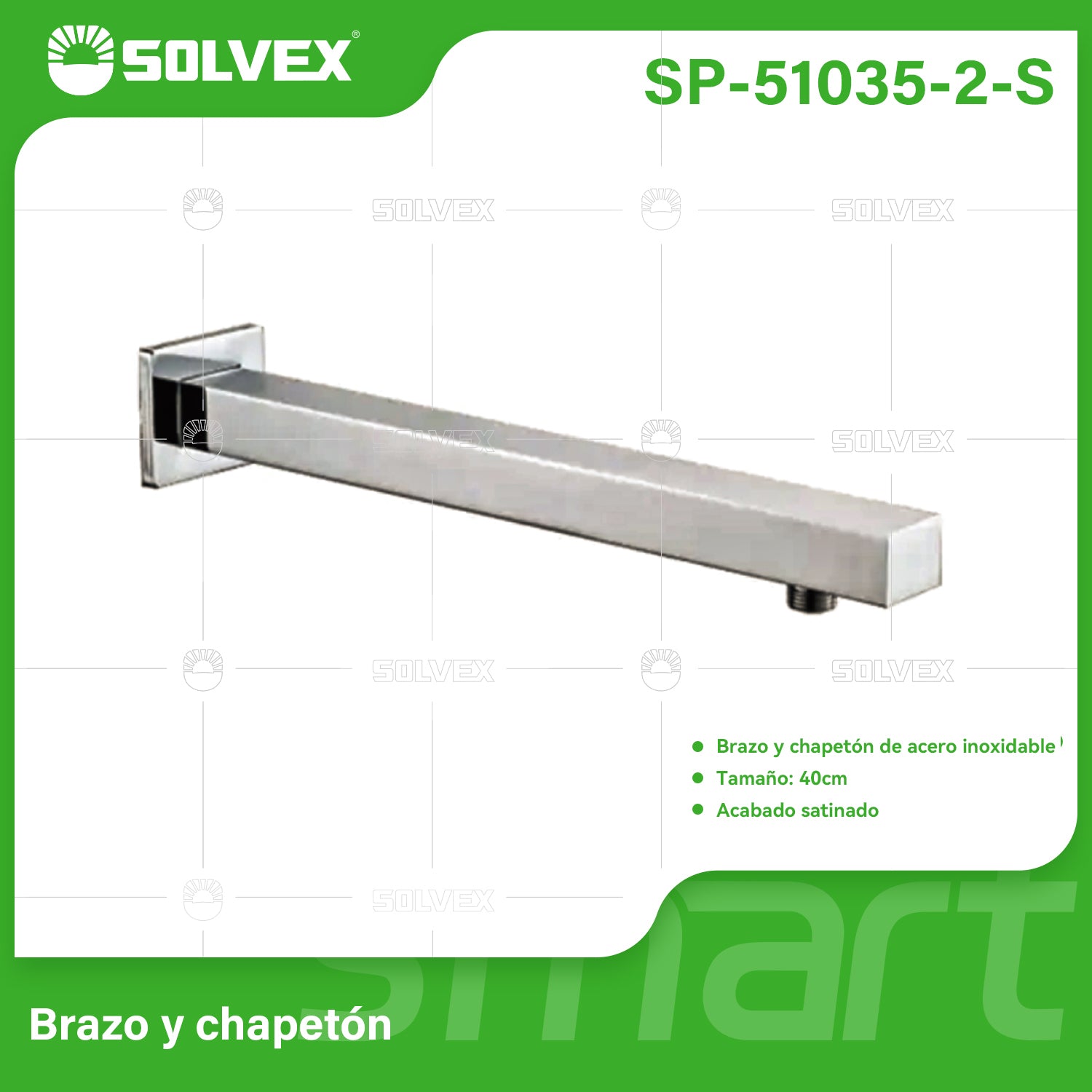 Brazo de Ducha cuadrado 40 cm. Tubo de Acero Inoxidable con Chapetón para regadera. Acabado satinado.