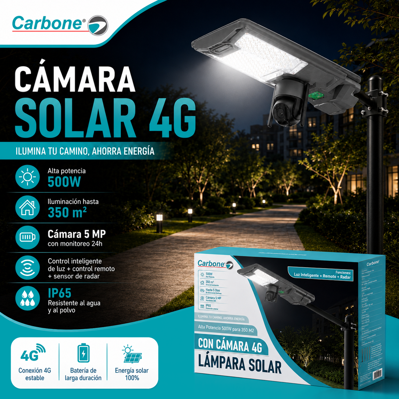 Lámpara Solar LED Exterior de 500W Con Cámara 4G 5MP Monitoreo 24H Control Remoto, Sensor y Radar IP65 . Autonomía 5 días. Cobertura 350m² (No incluye Micro SD)