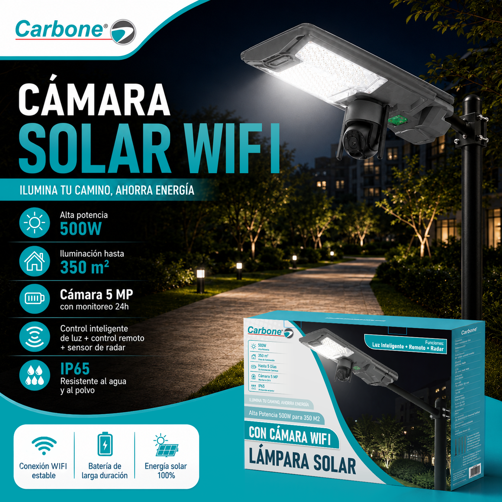 Lámpara Solar LED Exterior de 500W Con Cámara WiFi 5MP Monitoreo 24H, Control Remoto, Sensory Radar IP65 . Autonomía 5 días. Cobertura 350m² (No incluye Micro SD).