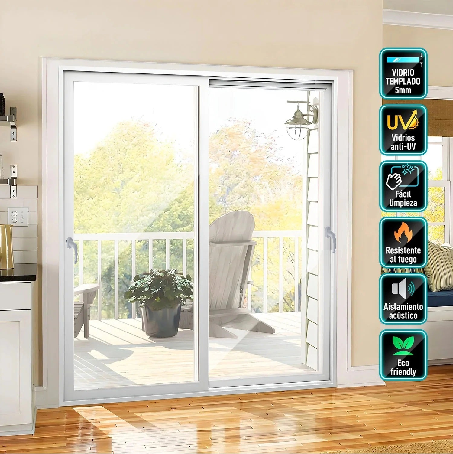 Puerta Ventana Corredera UPVC Blanca 200x220cm Reforzada Anti UV con Vidrio de seguridad Templado 5mm (5 años de Garantía) No Incluye malla mosquitera