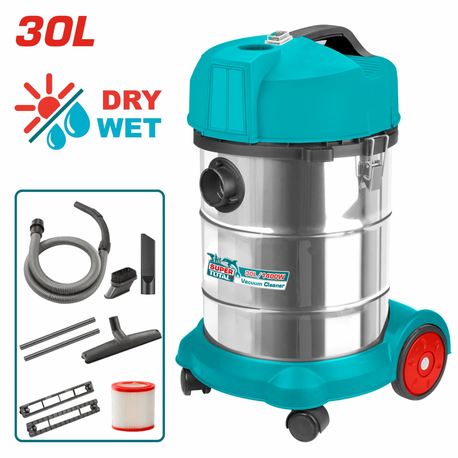 Aspiradora de Limpieza seco o mojado 30 L. 1400 W. Tanque acero inoxidable. 110V-120V/60Htz.