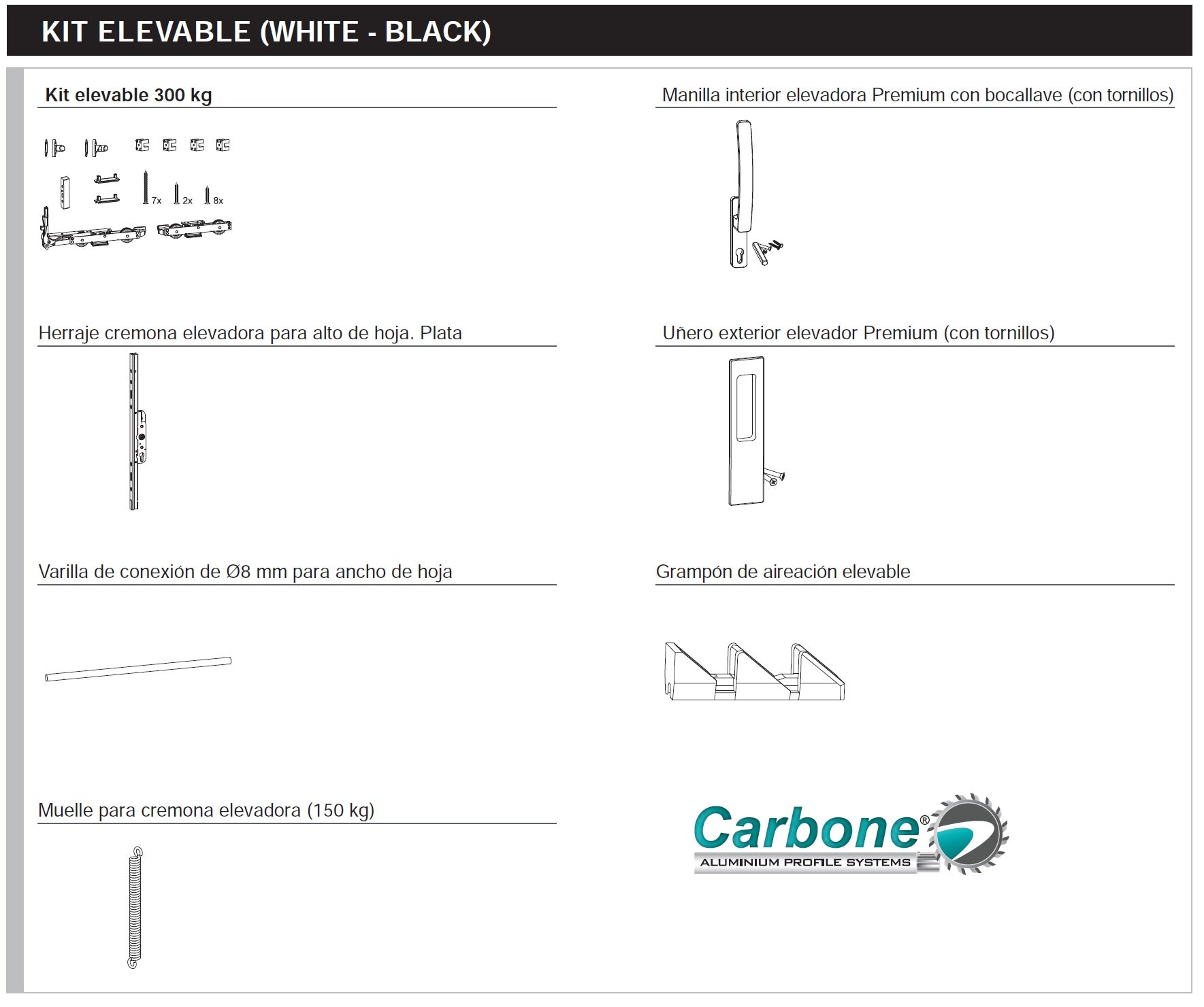 Kit Herrajes Completo para Sistema Elevable Europa. Color Negro.