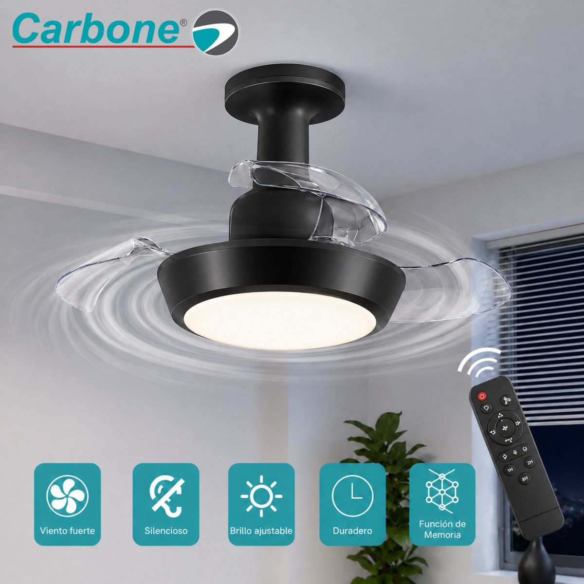 Abanico de Techo 16” socket E27 con Lámpara LED. Ventilador Invisible con Aspas Retráctiles. Luz Regulable con control remoto. Color negro. 33w