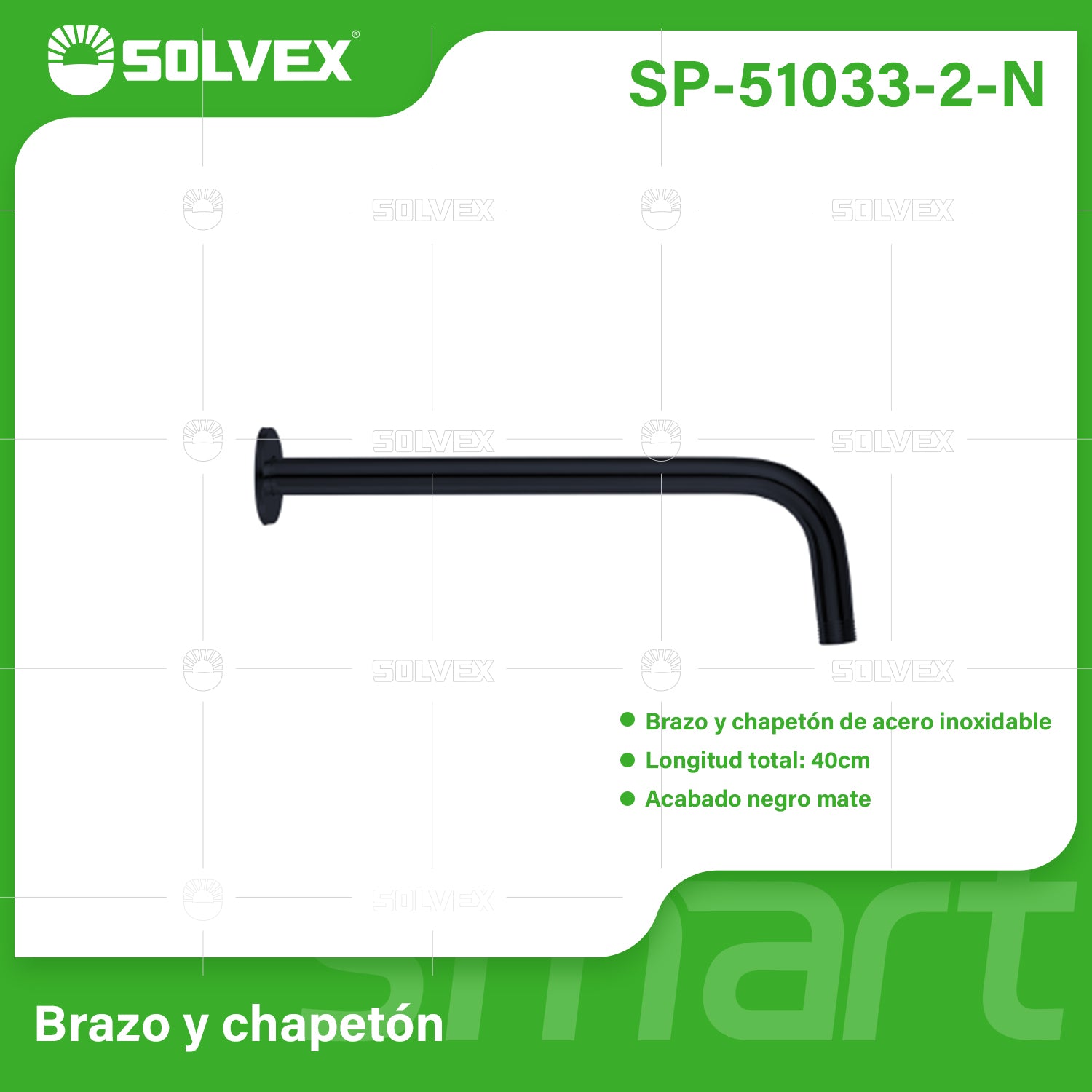 Brazo de Ducha 40 cm. Tubo de Acero Inoxidable con Chapetón para regadera. Color negro.