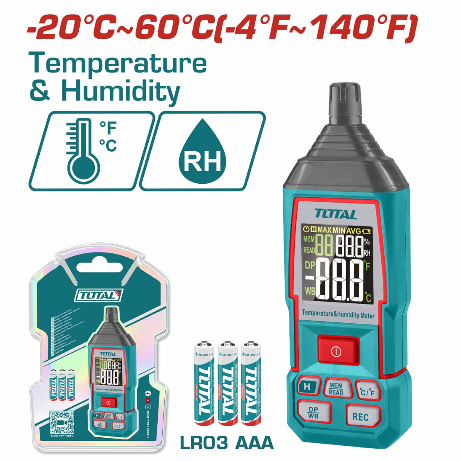 Medidor digital de humedad y temperatura. Con función de retroiluminación. Indicador de batería baja.