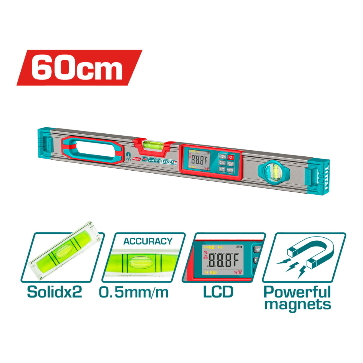 Nivel de Burbuja magnético 60cm 0.5mm/m en aluminio. 2 imanes potentes