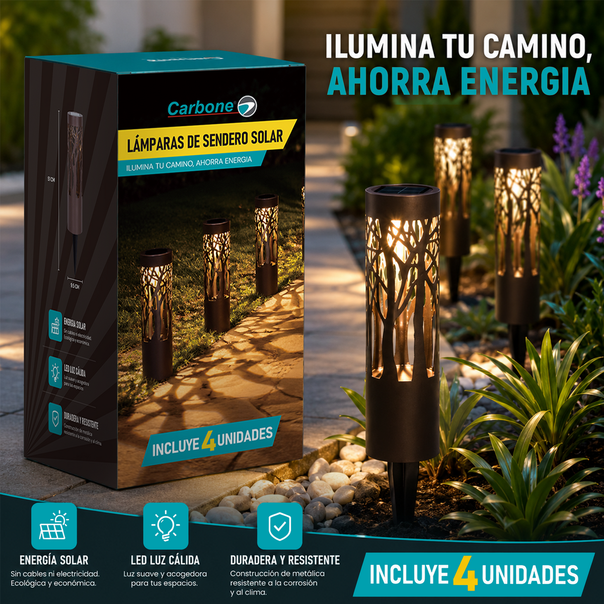 Lámparas Solares LED Decorativas Para Exterior 51cm. Luz Cálida para Jardín y Senderos con Diseño Tipo Antorcha. Set de 4 Unidades.