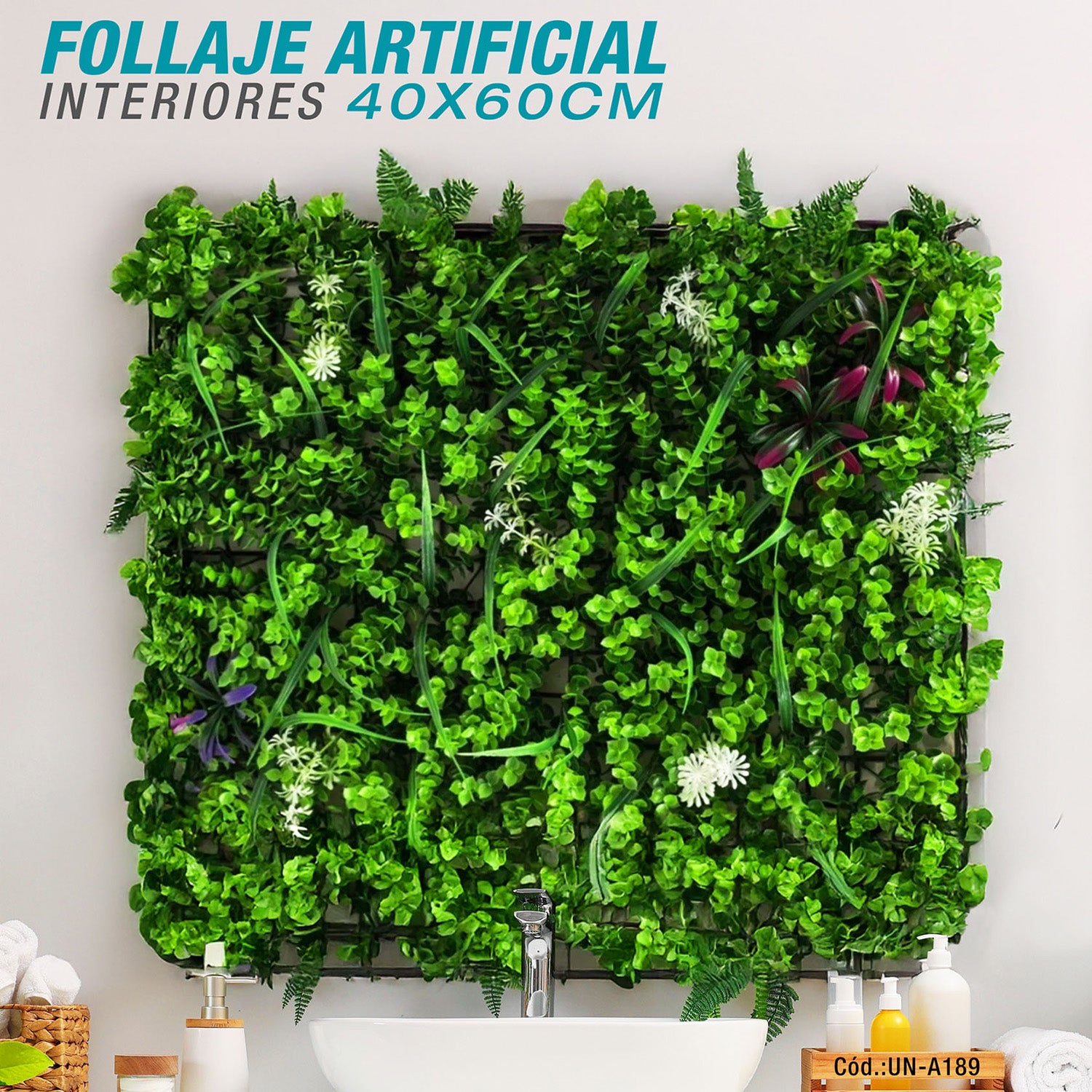 Follaje Artificial Verde 40x60cm con Flores Blancas para Decoración de Pared Interiores (Sin protecccion UV)