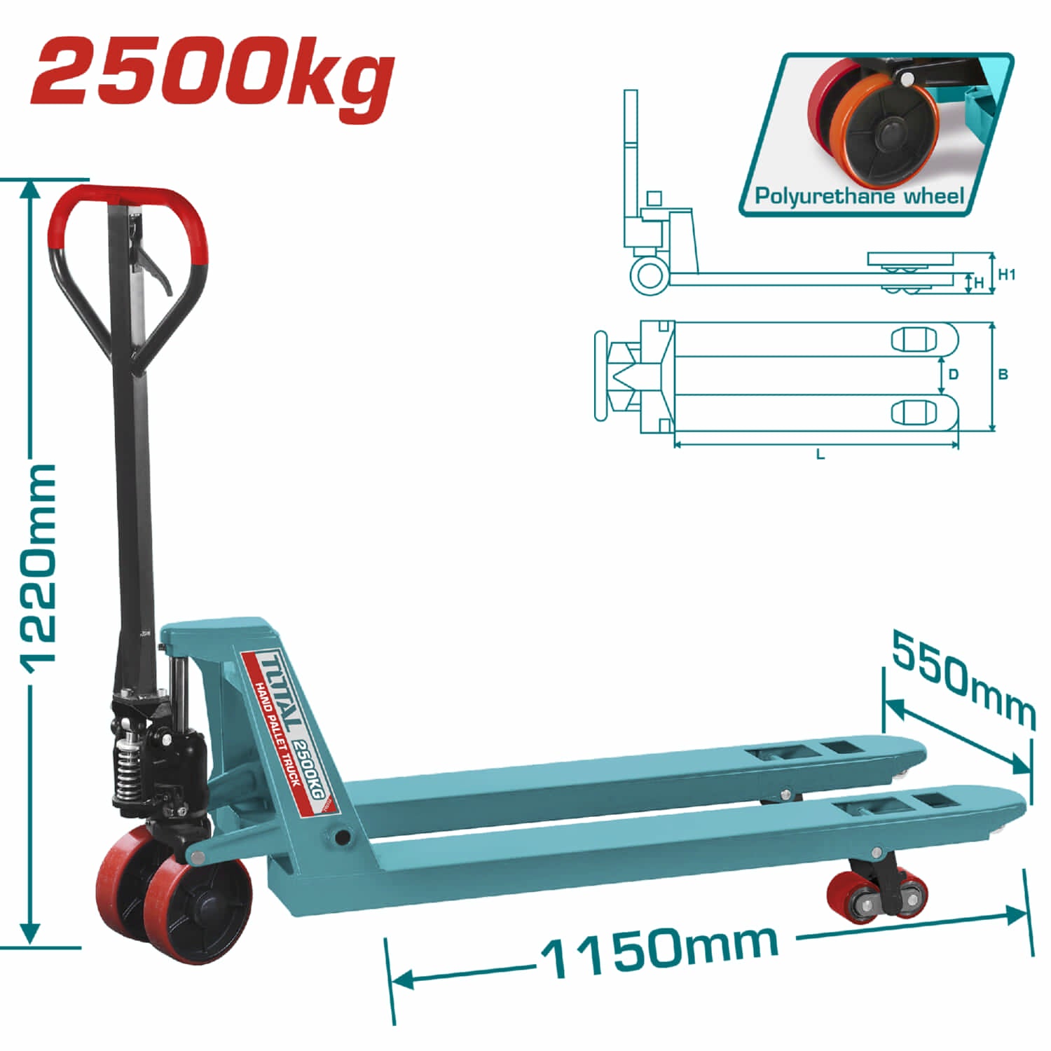 Transpaleta manual 2500kg. Medidas de uñas. 550x 1150 mm. Altura min/max de uña 85-200 mm (1 año)