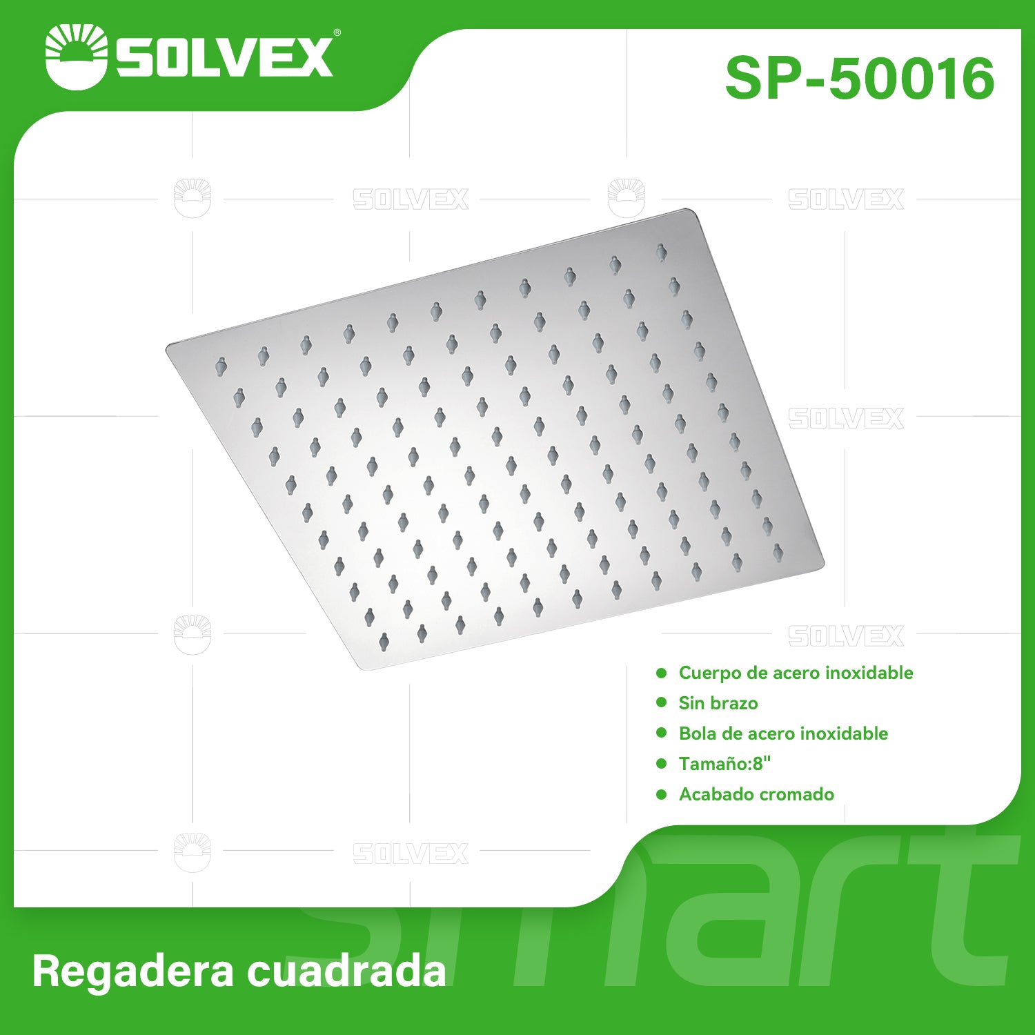 Cabezal de Ducha cuadrado 6". Regadera de Acero Inoxidable Cromada.