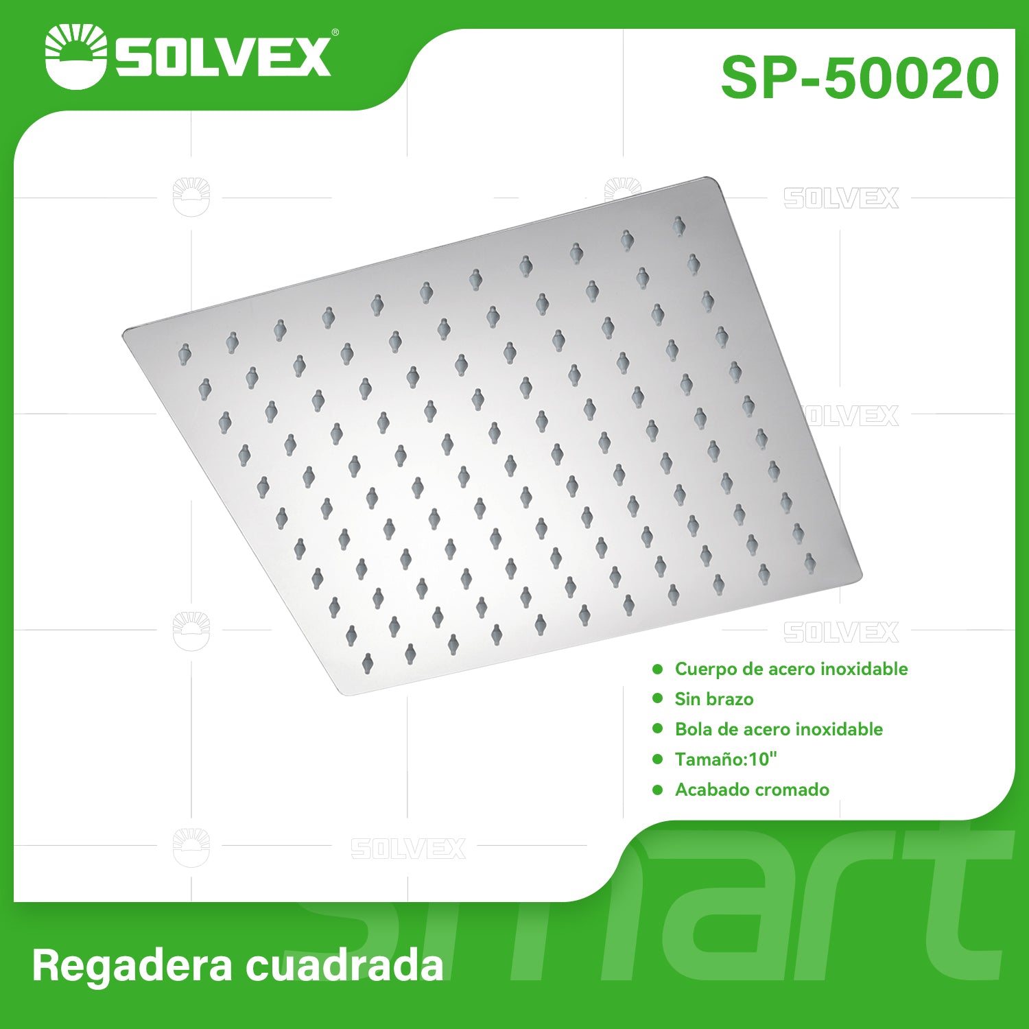 Cabezal de Ducha cuadrado 10". Regadera de Acero Inoxidable Cromada.