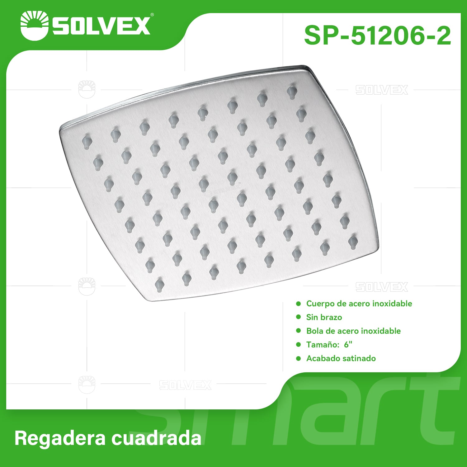 Regadera para Ducha Cuadrada 6" Satinada. Cabezal de Acero Inoxidable Cepillado.