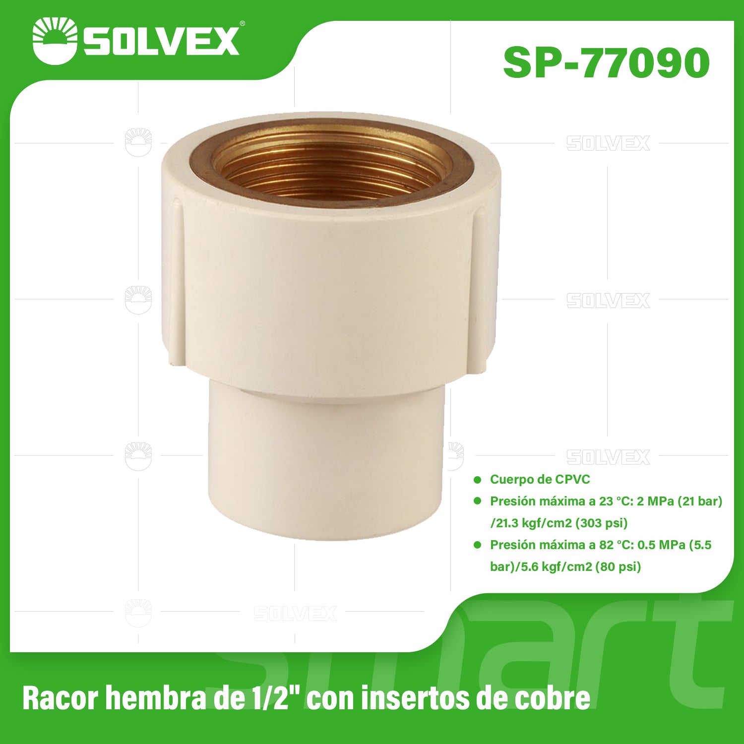 Adaptador CPVC Hembra 1/2" con Inserto de Cobre. Conector Final Roscado para Agua Caliente y Fría.