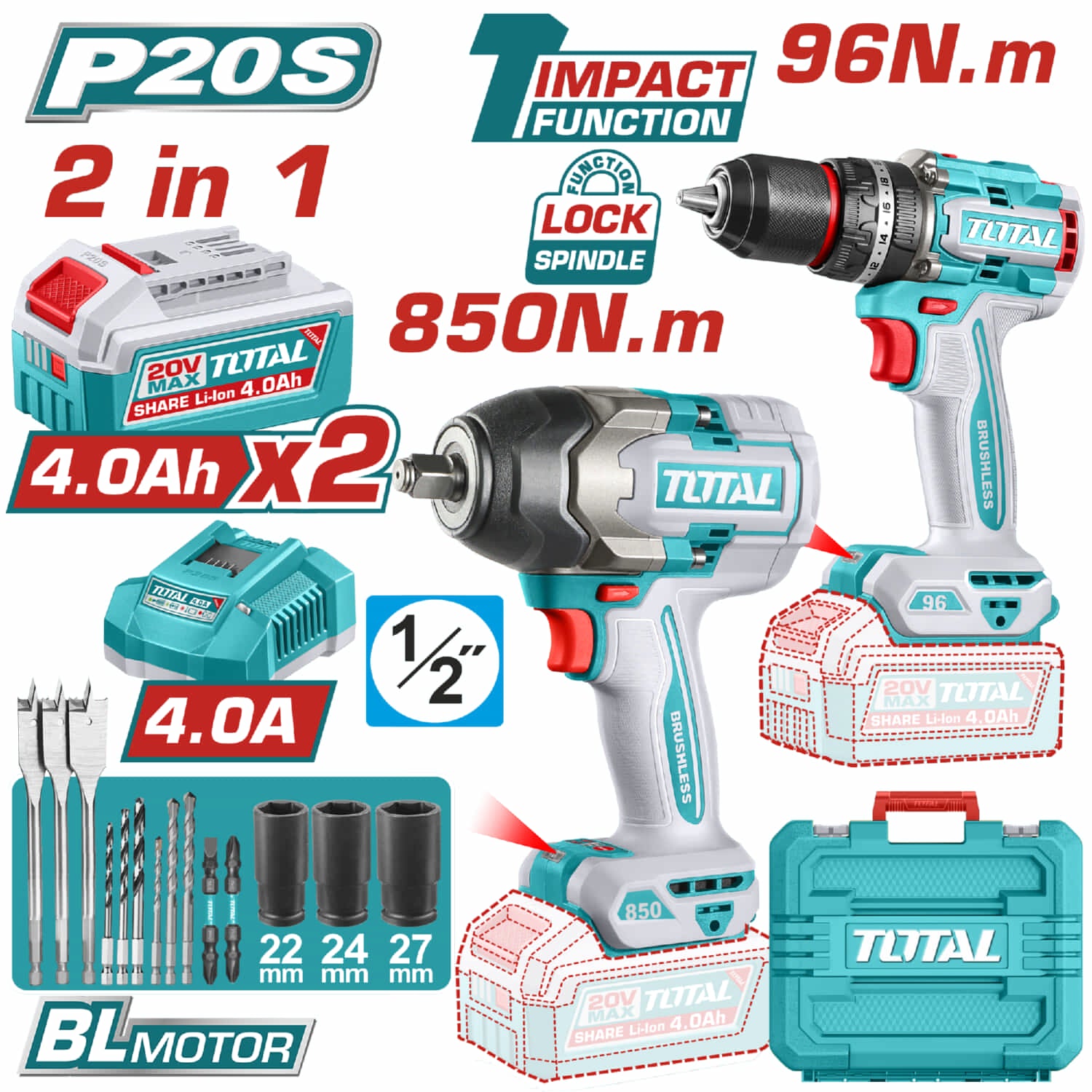 Super Combo Total 20V Taladro Percutor 96Nm Y Llave De Impacto 850Nm I
